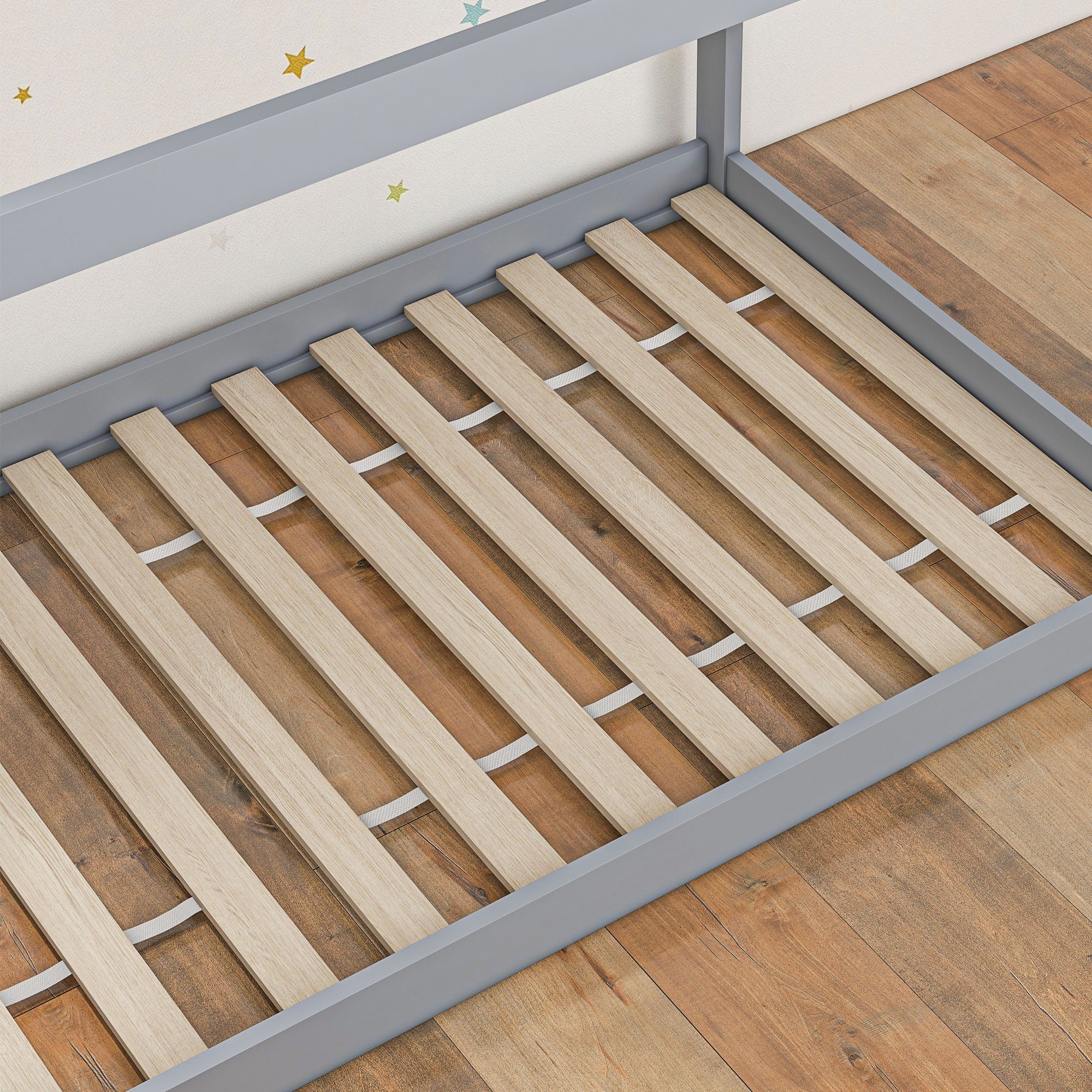 HOMCOM Single Bed Frame, House Scandinavian Style Wooden Bed Frame for 90W x 190Dcm Mattress, Pine Wood Bed Base, Grey - North Peak Garden Furniture