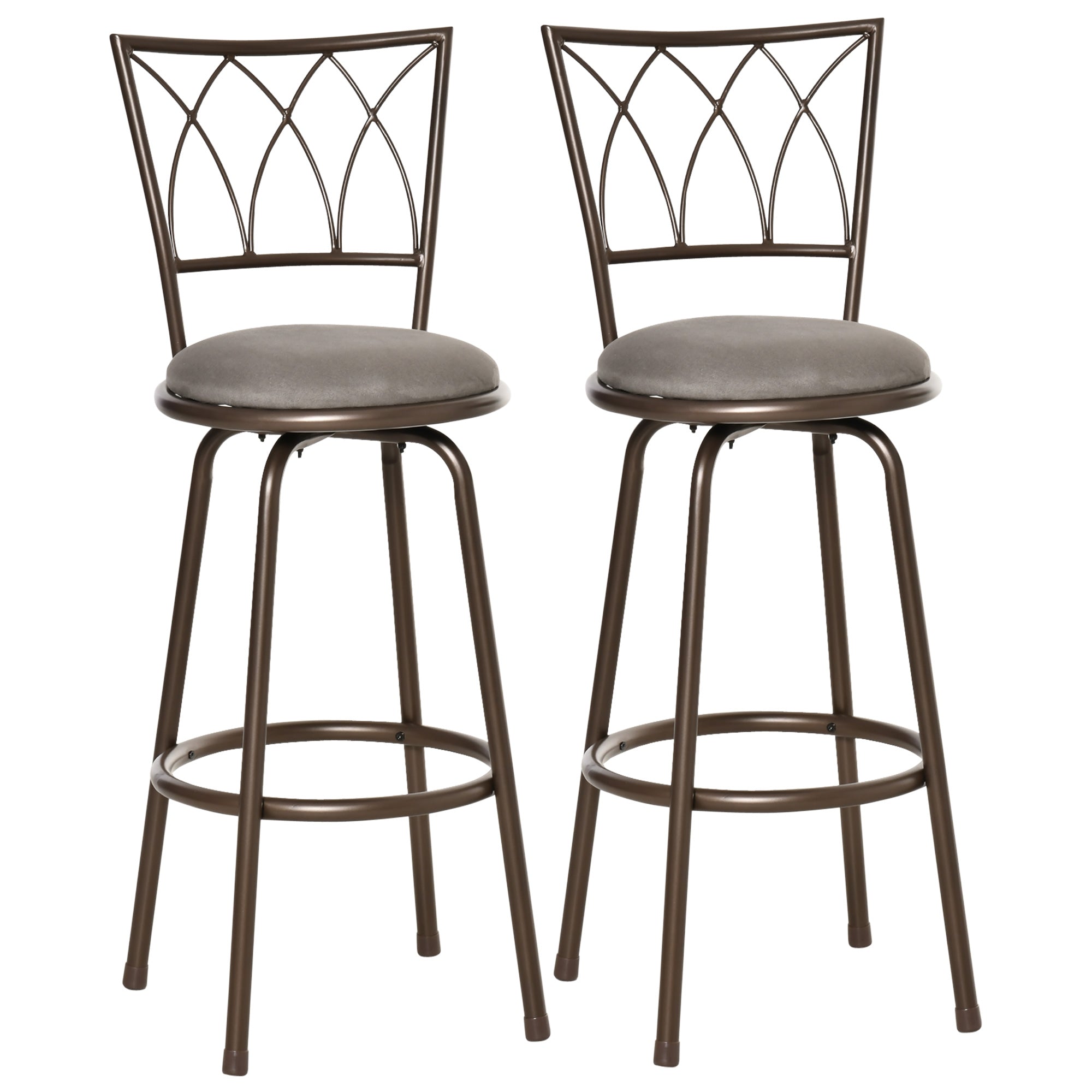 HOMCOM Set of 2 Bar Chairs Swivel Armless Upholstered Metal Frame Barstools with Backrest & Footrest, Bronze - North Peak Garden Furniture