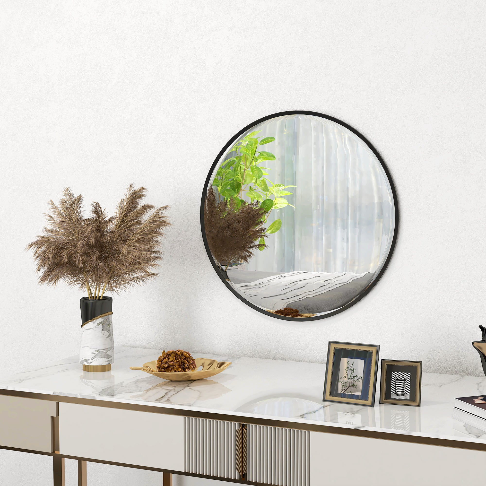 HOMCOM 61cm Decorative Wall Mirror for Bedroom Living Room, Modern Round Bathroom Mirror for Home Decor, Black - North Peak Garden Furniture