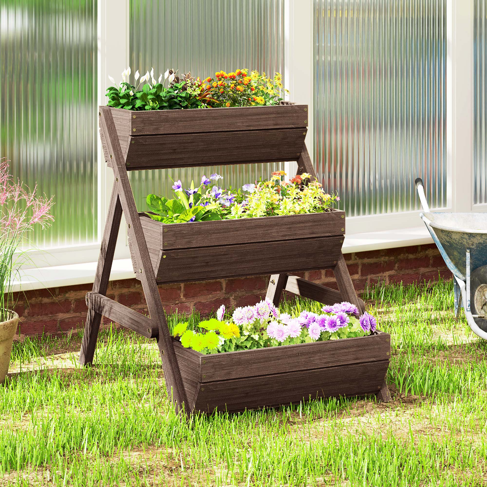 Outsunny 3 Tier Raised Garden Bed Wooden Elevated Planter Box Kit, 66L for Flower, Vegetable, Herb, 65x75x78cm, Tan - North Peak Garden Furniture