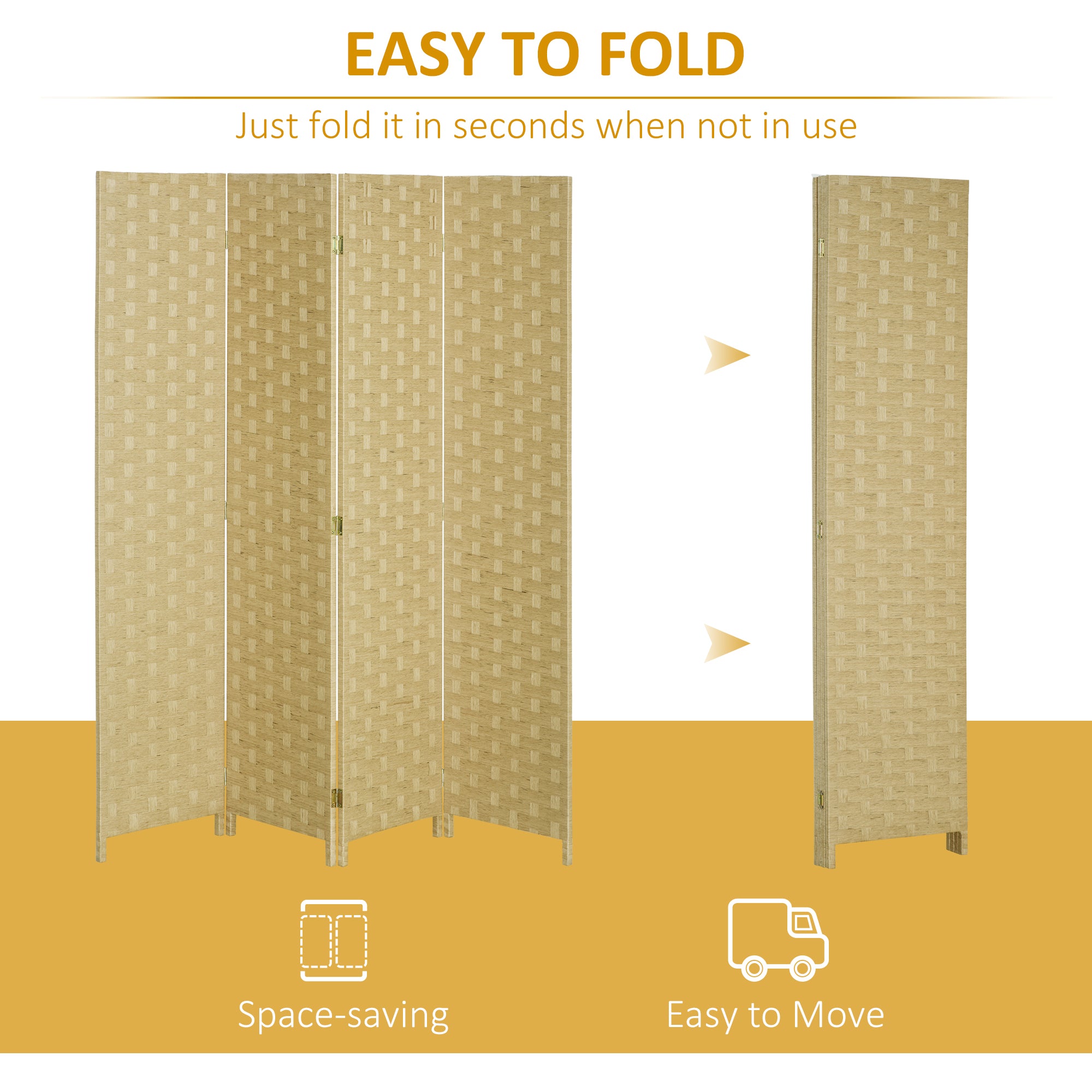 HOMCOM 4-Panel Room Dividers, Wave Fibre Freestanding Folding Privacy Screen Panels, Partition Wall Divider for Indoor Bedroom Office, 170 cm, Brown - North Peak Garden Furniture