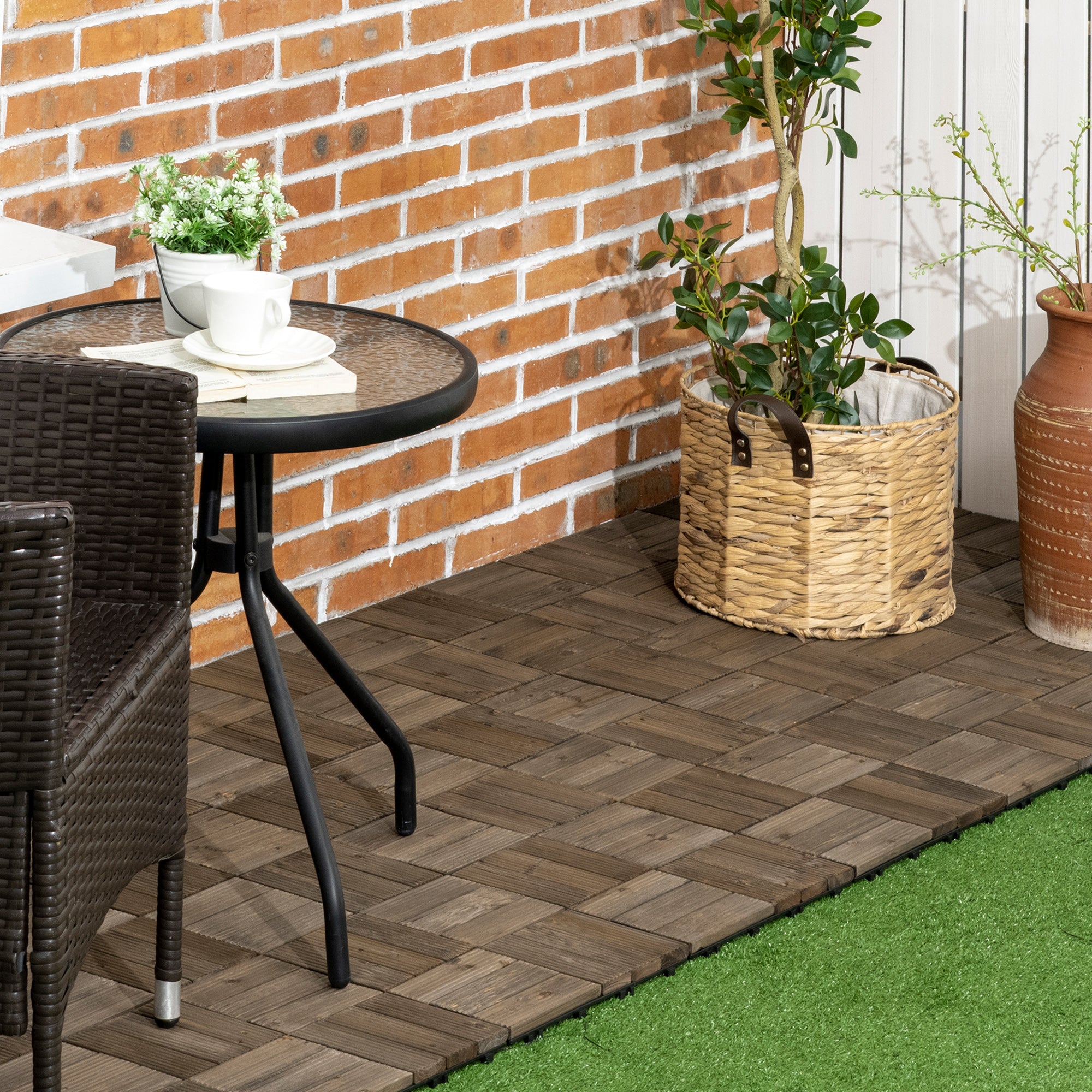 Outsunny 27 Pcs Wooden Interlocking Decking Tiles, Outdoor Flooring Tiles for Patio, Balcony, Terrace, Hot Tub, 30 x 30 cm per Piece, 2.5㎡ per Pack, Charcoal Grey - North Peak Garden Furniture