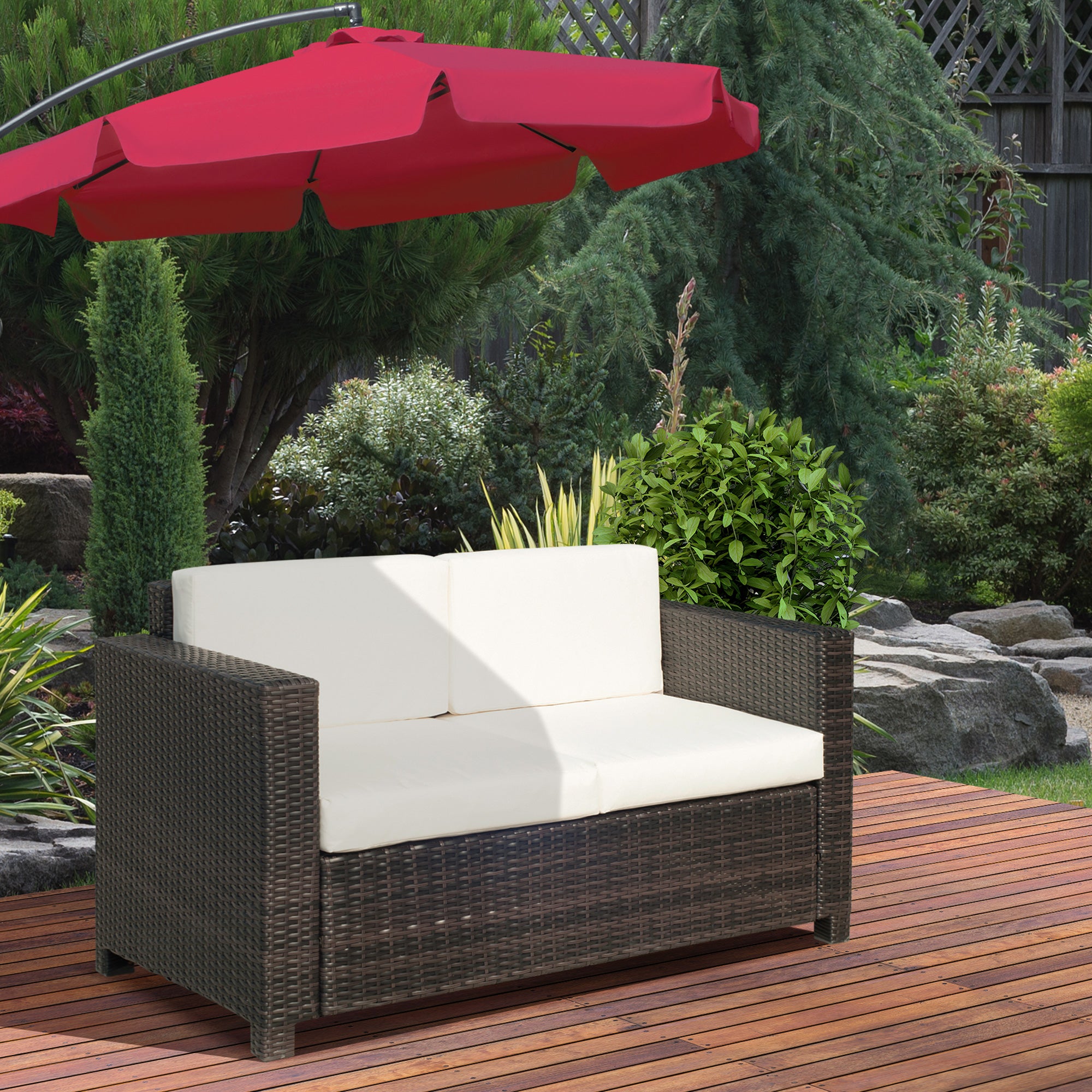Outsunny 2 Seater Garden Furniture, Rattan Sofa with Soft Padded Cushion and Armrests, Wicker Garden Loveseat for Patio, Mixed Brown - North Peak Garden Furniture