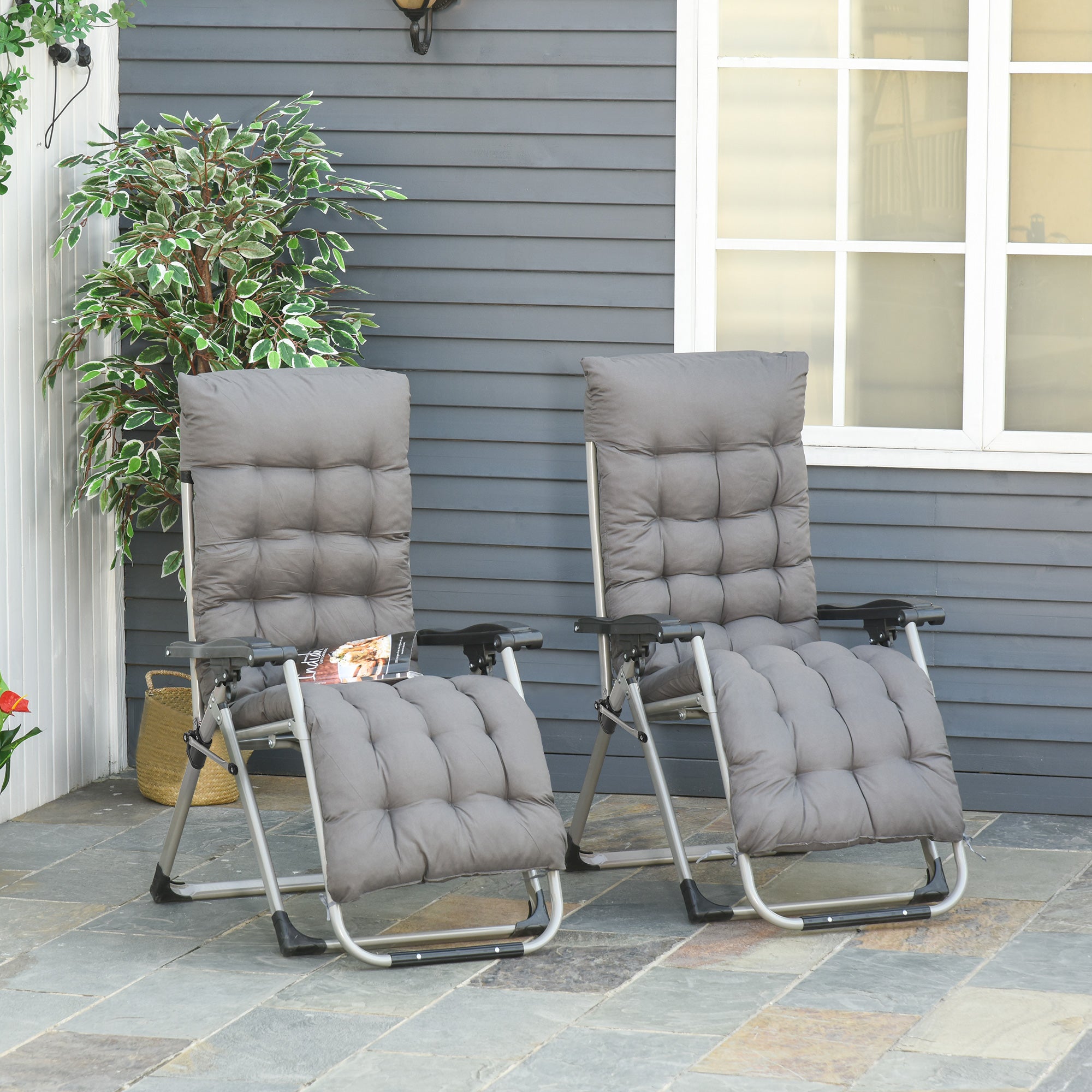 Outsunny 2 Piece Reclining Zero Gravity Chair Metal Frame Folding Garden Sun Lounger with Cushion Headrest, Dark Grey - North Peak Garden Furniture