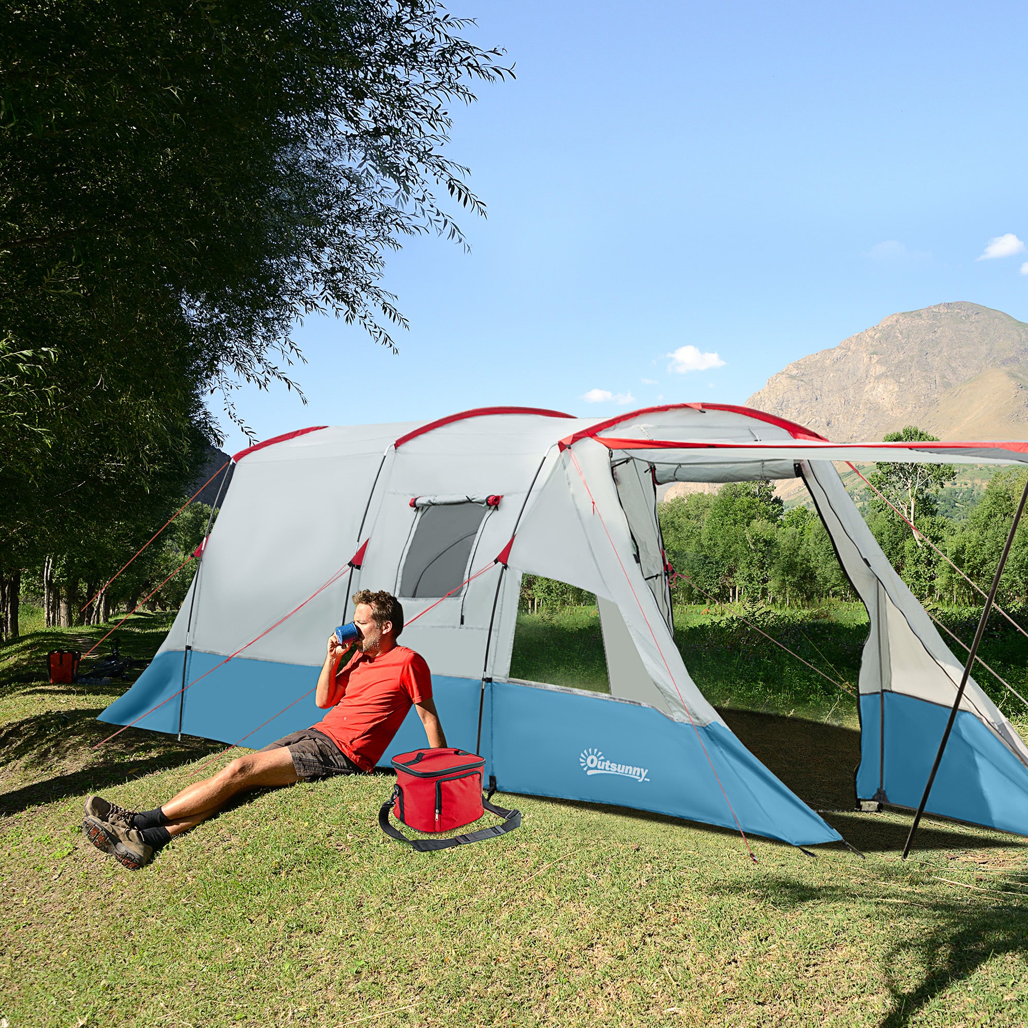Outsunny 6-8 Person Tunnel Tent, Camping Tent with Bedroom, Living Room, Sewn-in Floor, 3 Doors and Carry Bag, 2000mm Water Column for Fishing, Hiking, Sports, and Traveling, Blue - North Peak Garden Furniture