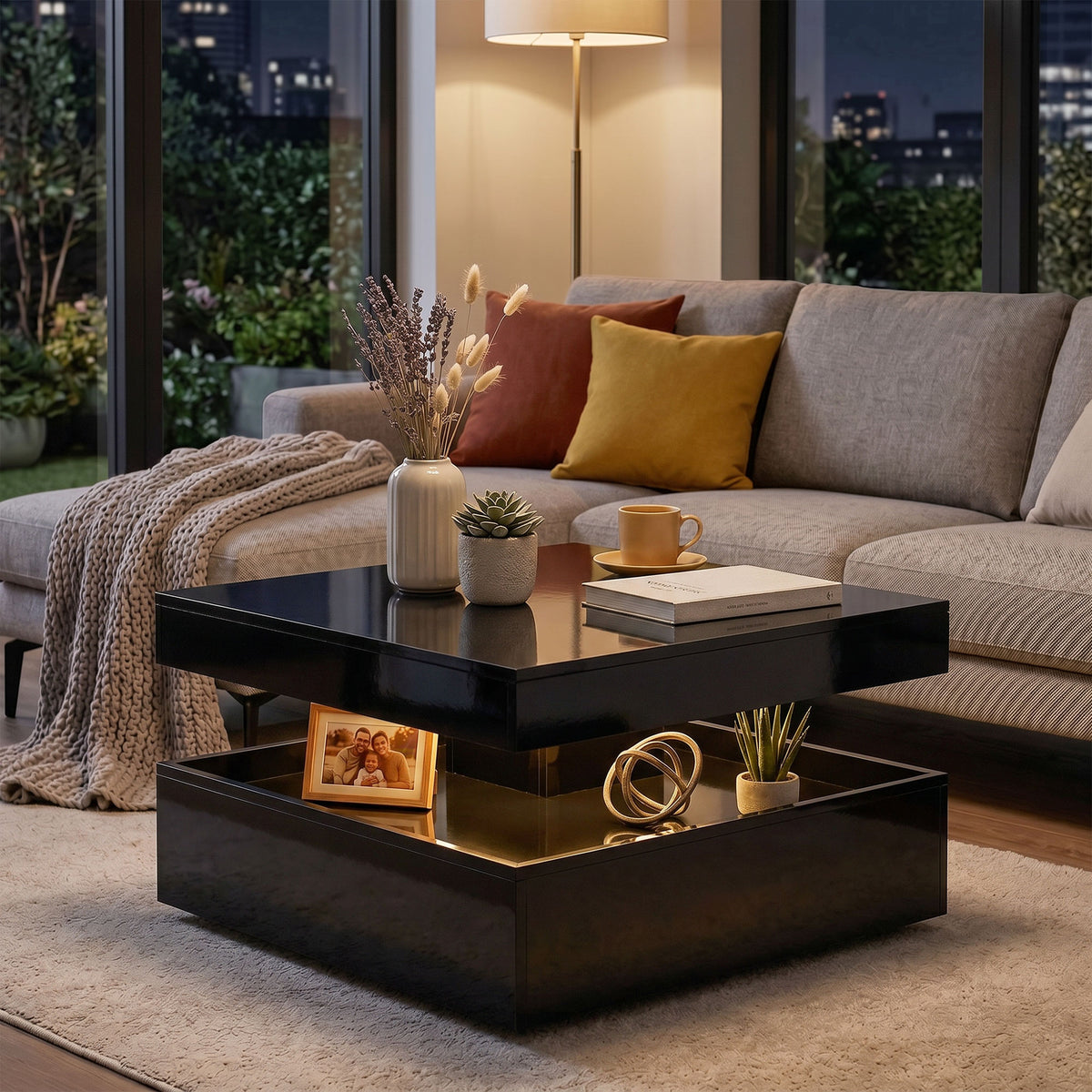 HOMCOM LED Coffee Table with Storage, 2-Tier Modern Centre Table with Open Shelf and Remote for Living Room, High Gloss Black