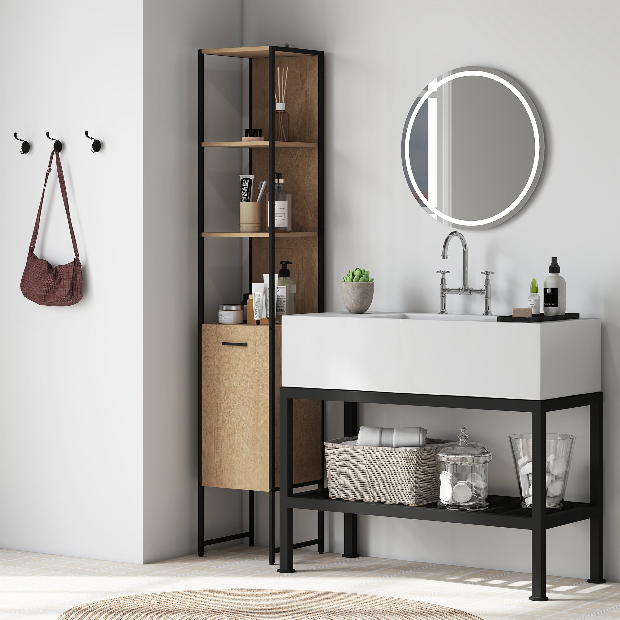 HOMCOM Tall Bathroom Cabinet with Open Shelves and Adjustable Shelf - Natural Wood Finish - North Peak Garden Furniture