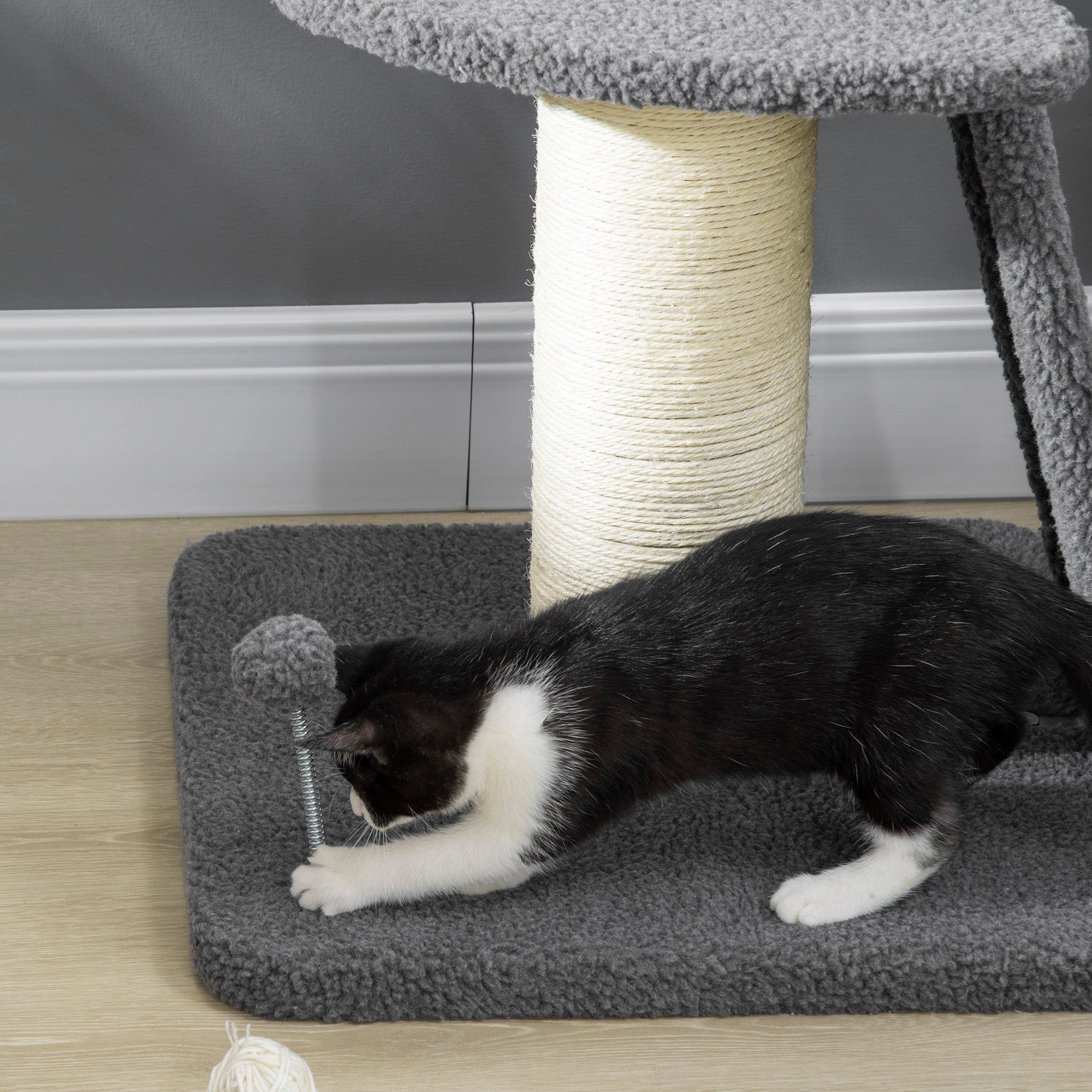 PawHut Cat Tree Tower with Scratching Posts, Pad, Bed, Toy Ball-Dark Grey