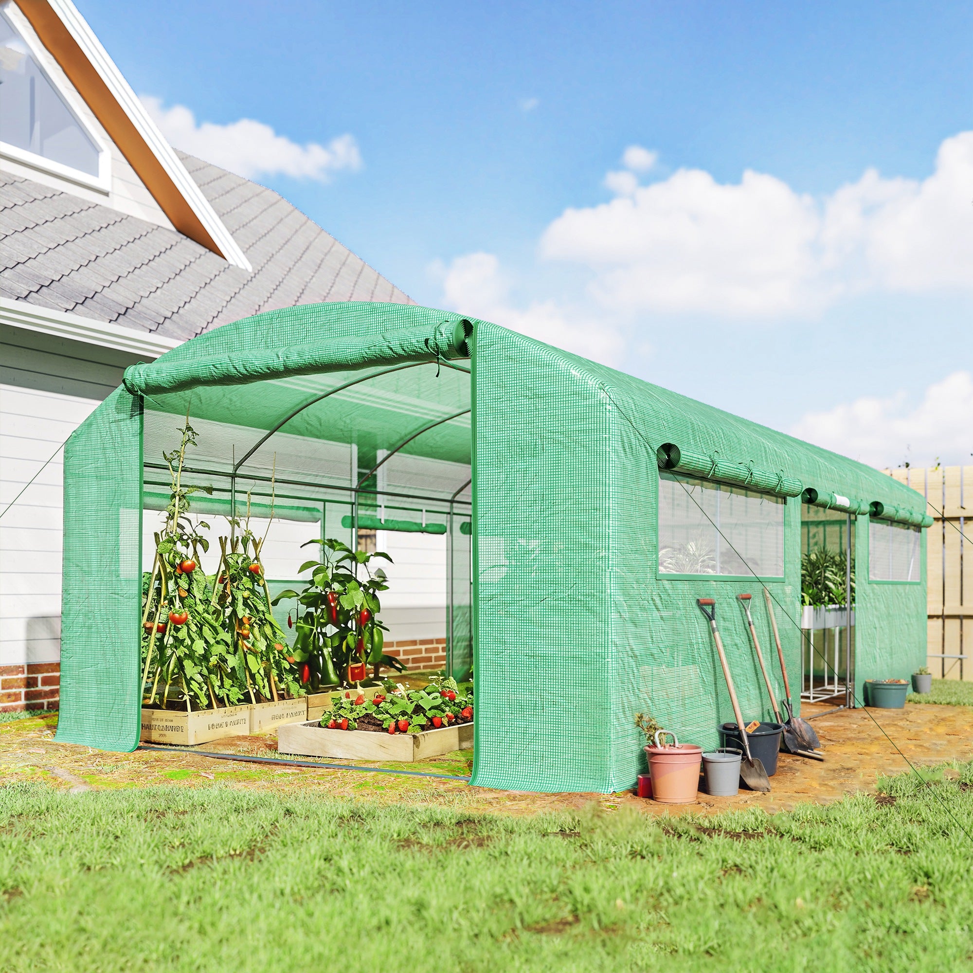Outsunny 19 x 9.8ft Walk-In Polytunnel Greenhouse - Green