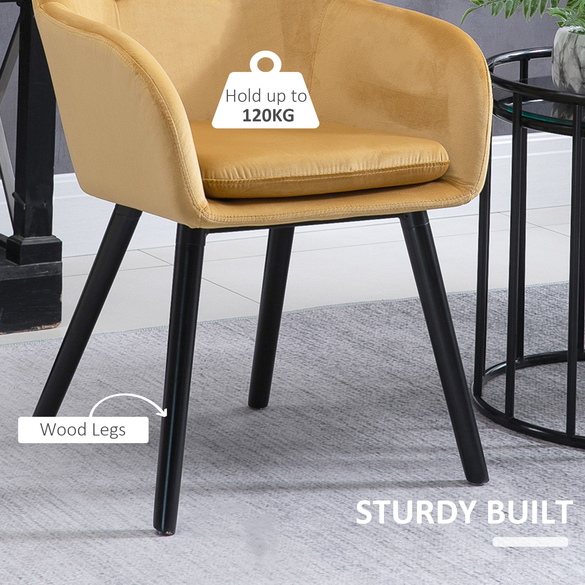 HOMCOM Dining Chairs Set of 2 Modern Upholstered Fabric Velvet-Touch Leisure Chairs with Backrest and Armrests, Lounge Reception Chairs for Home Office Kitchen Counter, Yellow - North Peak Garden Furniture