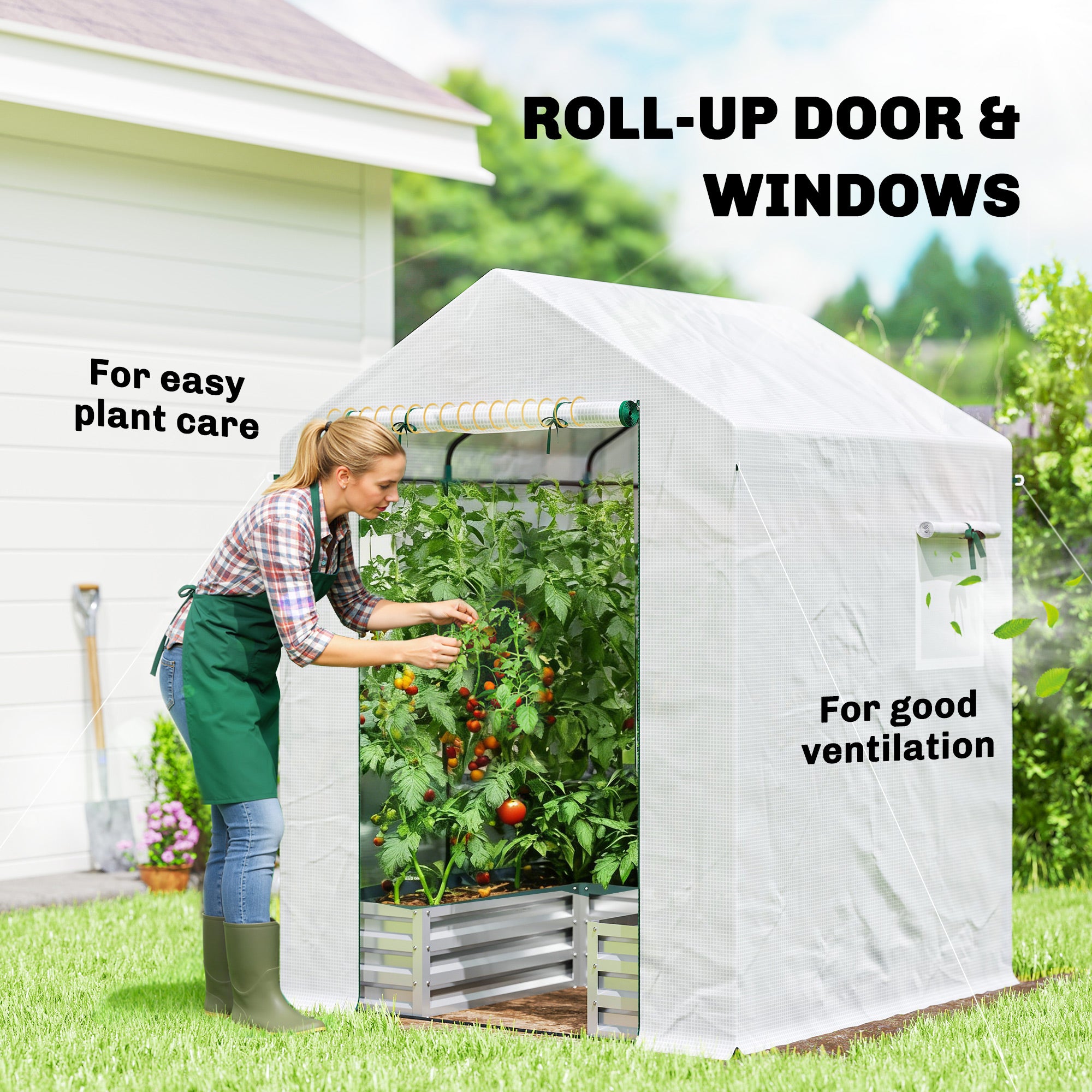 Outsunny Mini Greenhouse with Raised Garden Bed, Galvanised Walk-in Greenhouse with Roll Up Windows, 56" x 56" x 75", White