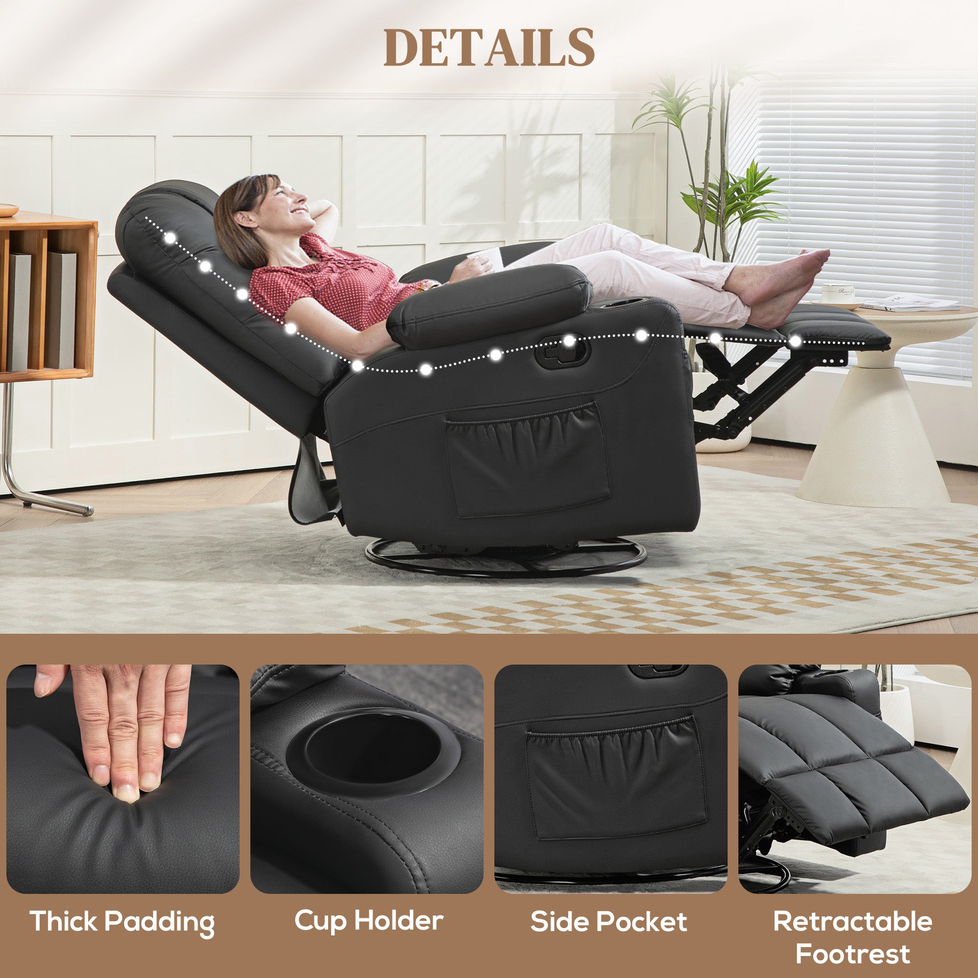 HOMCOM Manual Reclining Chair, Recliner Armchair with Swivel, Faux Leather, Footrest, Cup Holders, 86x93x102cm, Black - North Peak Garden Furniture