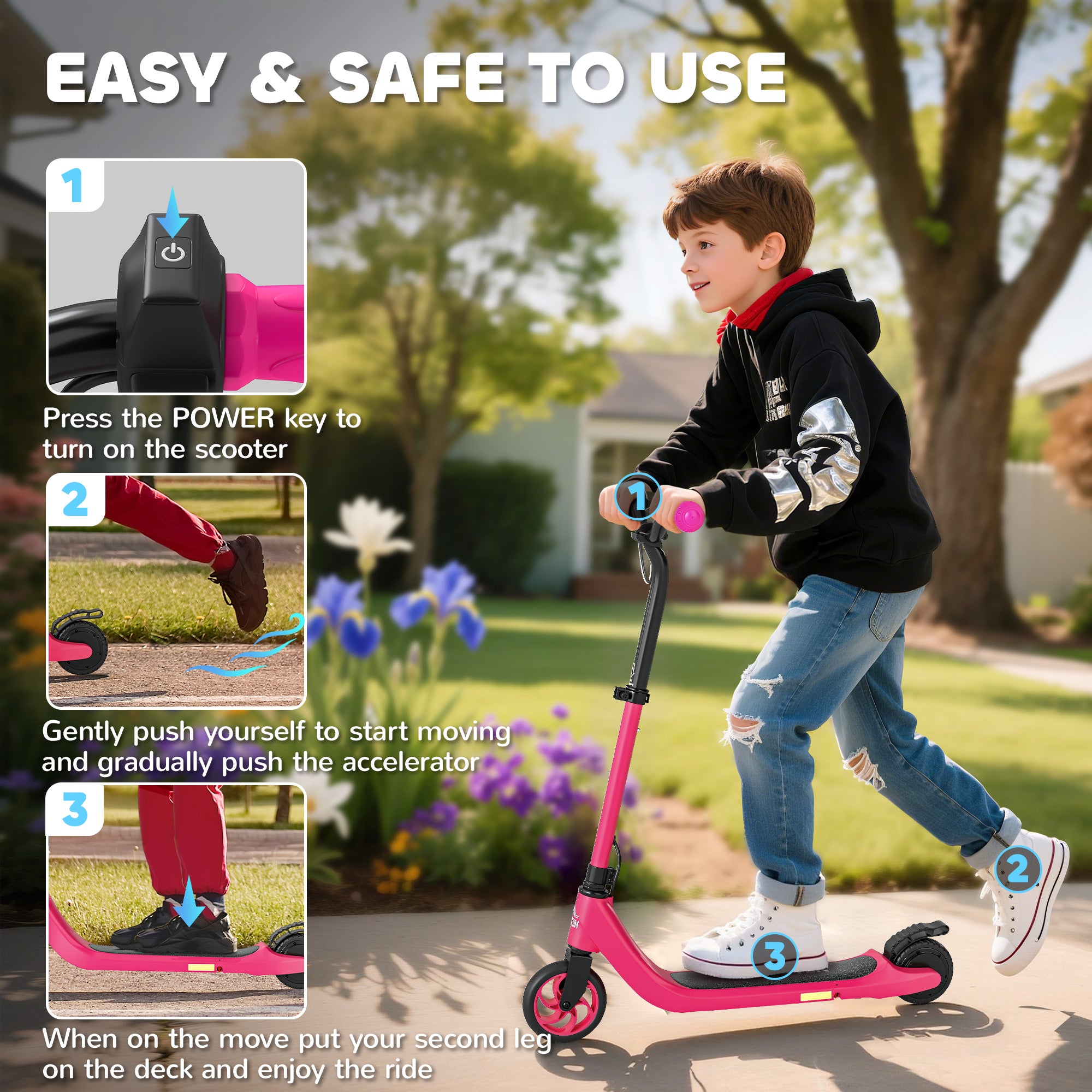 HOMCOM Electric Scooter, 120W Motor E-Scooter with Battery Display, Adjustable Height, Rear Brake for Ages 6+ Years - Pink