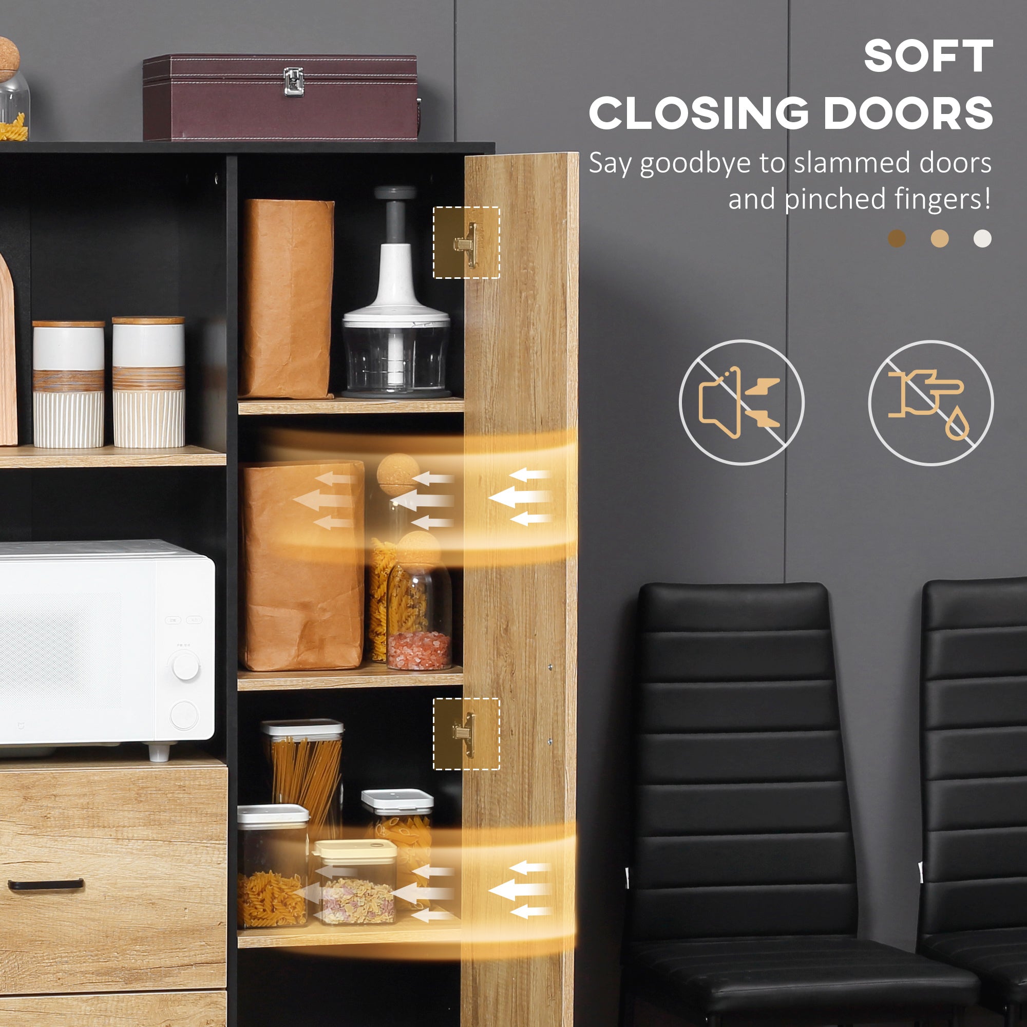 HOMCOM Kitchen Cupboard, Freestanding Storage Cabinet with Soft Close Door, Microwave Stand with Adjustable Shelves and Drawers, for Living Room, Dining Room, 160cm, Natural and Black - North Peak Garden Furniture