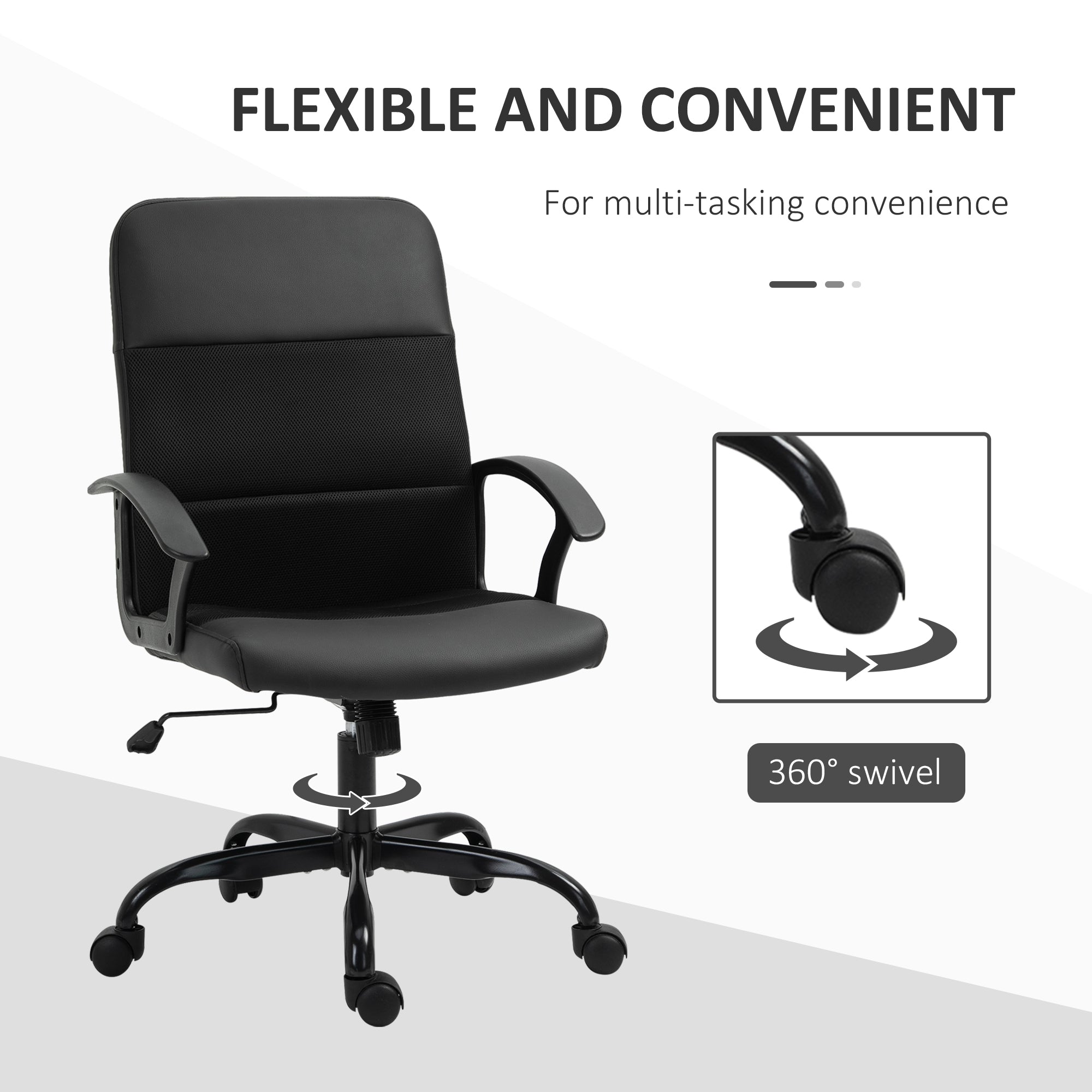 Vinsetto Mesh Office Chair, Faux Leather Desk Chair with Swivel Wheels, Adjustable Height and Tilt Function, Black - North Peak Garden Furniture