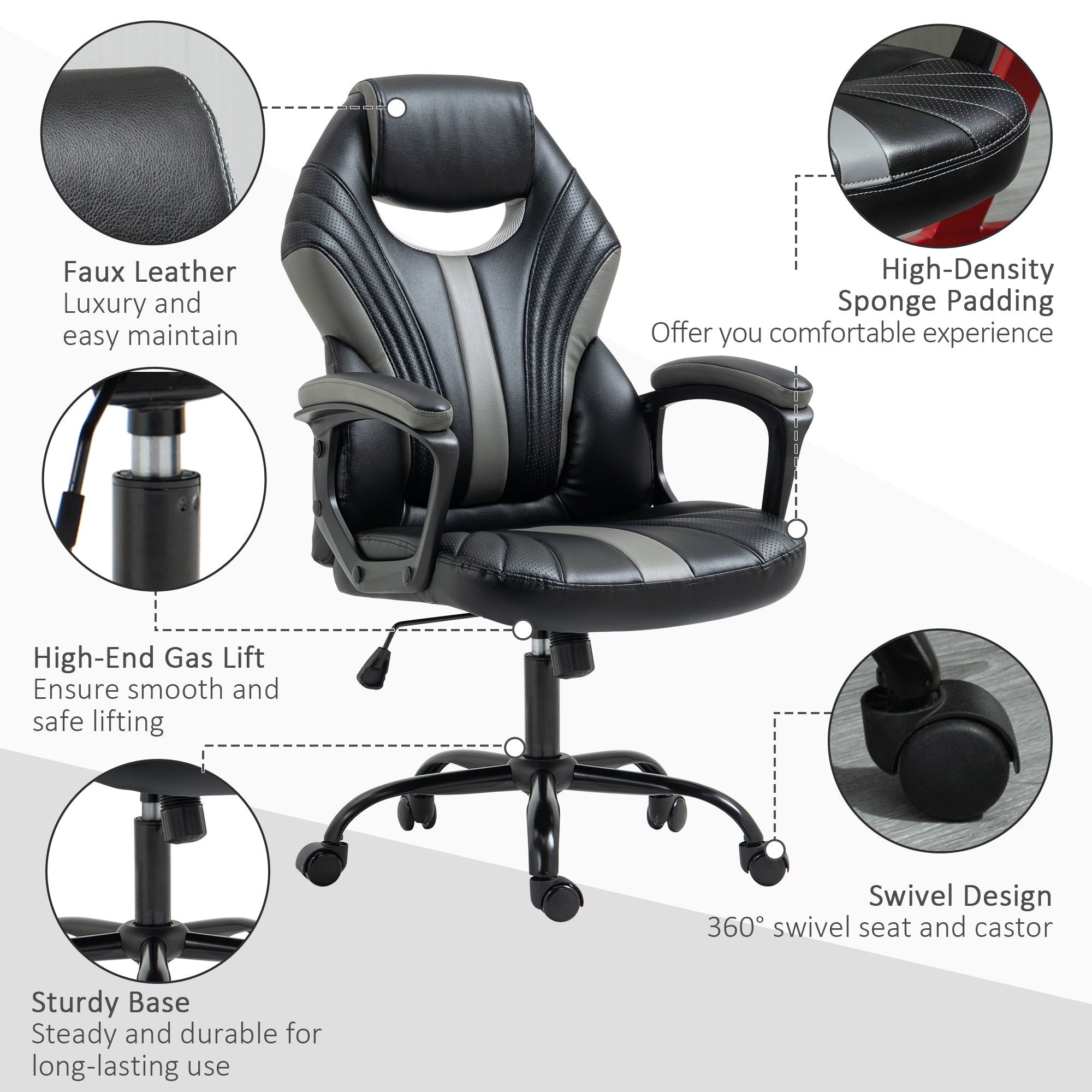 Vinsetto Computer Gaming Chair, Desk Chair with Breathable PU Leather Back and Seat, Soft Padded Armrests and Rolling Wheels for Adults and Gamers, Black - North Peak Garden Furniture