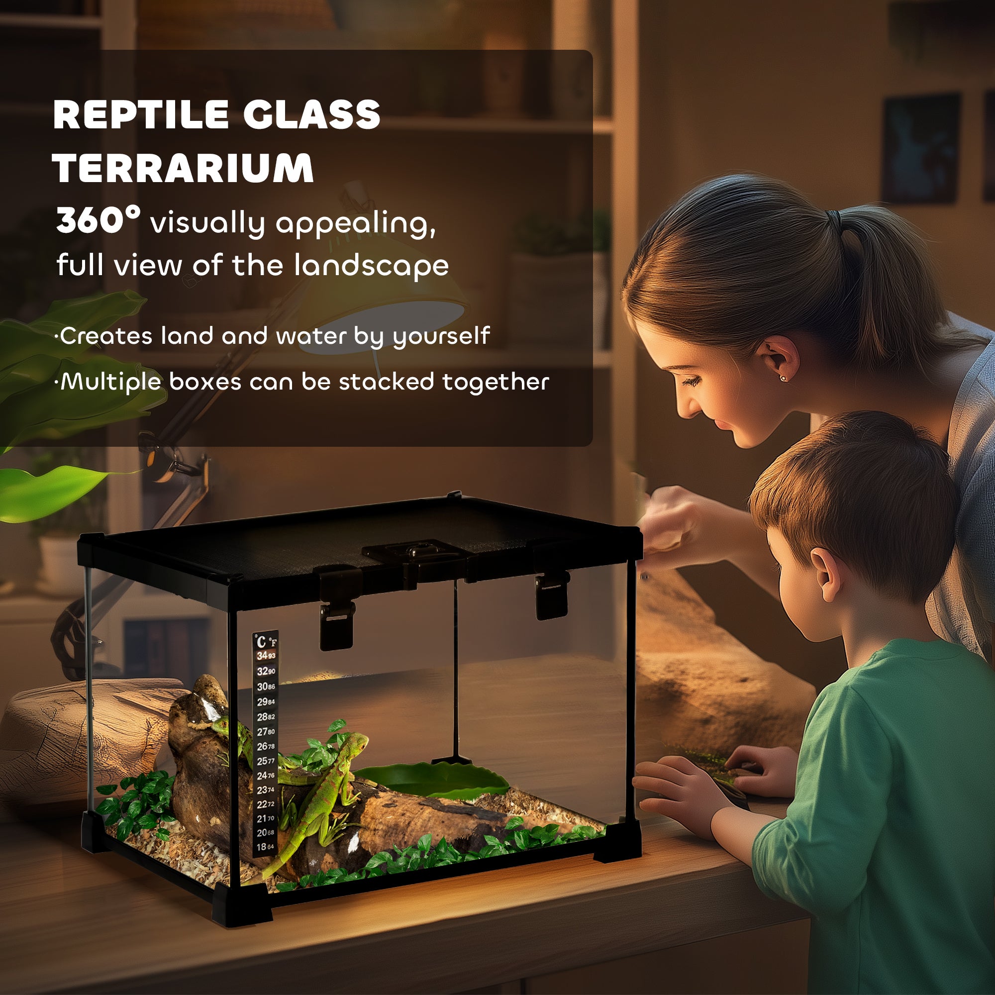 PawHut Glass Reptile Terrarium Insect Breeding Tank Vivarium Habitats with Thermometer for Lizards, Horned Frogs, Snakes, Spiders - Small 30 x 30 x 20cm - North Peak Garden Furniture