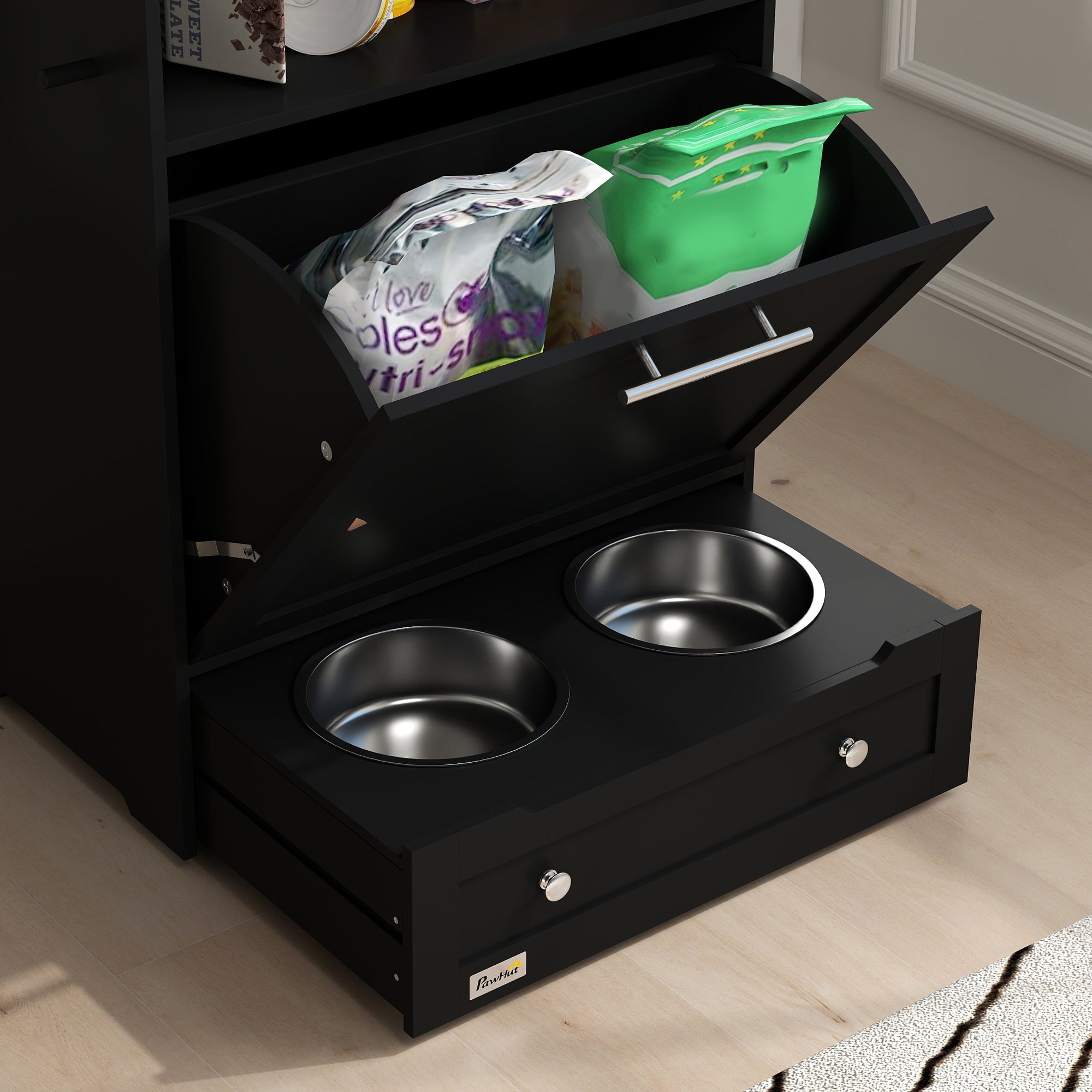 PawHut Pet Feeder Station, Dog, Cat Storage Container, with Raised Bowls, Hanger, Cabinet - Black - North Peak Garden Furniture