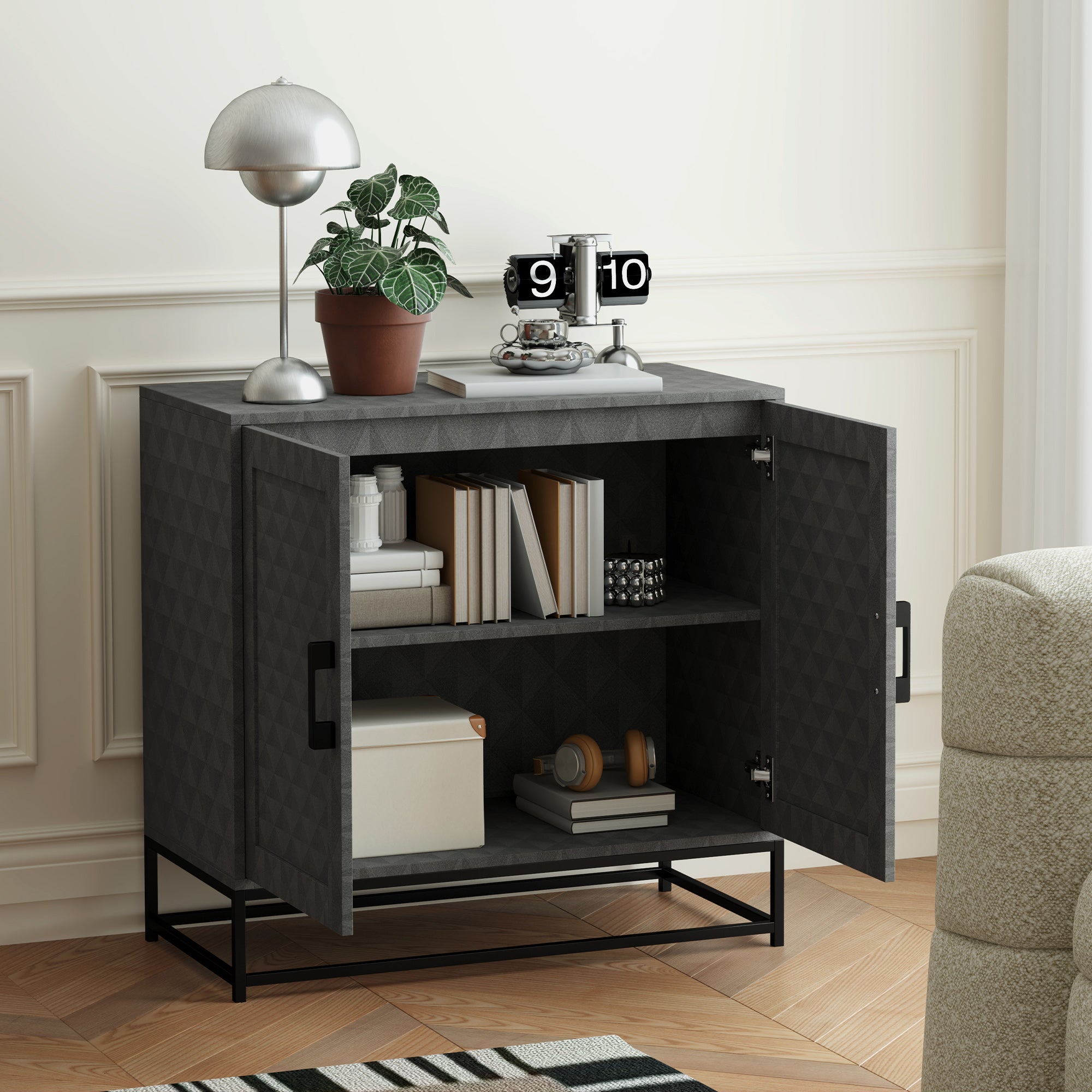 HOMCOM Modern Sideboard, Freestanding Sideboard Storage Cabinet with Adjustable Shelf and 2 Doors for Living Room, Grey - North Peak Garden Furniture