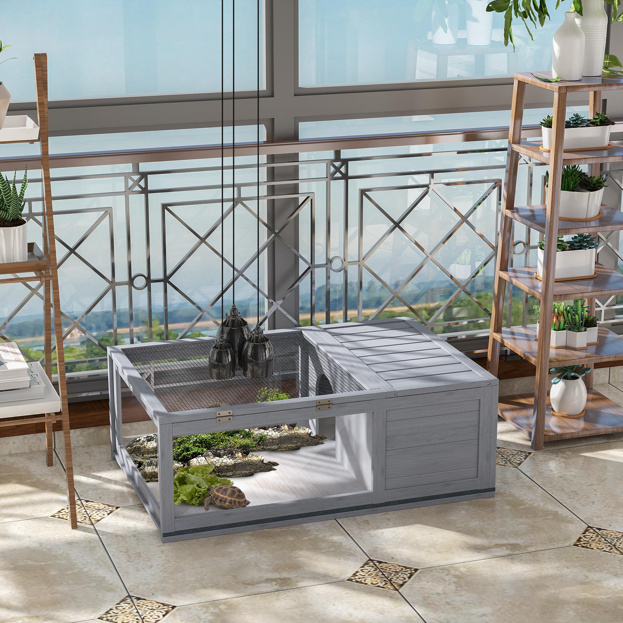 PawHut Tortoise House, Small Reptile Wooden House, with Mesh Roofs, Side Panels, for Turtles, Lizards, Geckos and Snakes - North Peak Garden Furniture