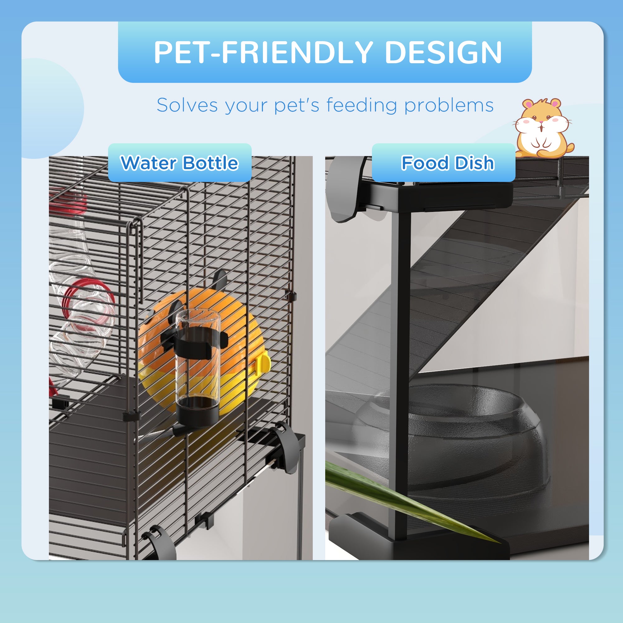PawHut Gerbil Cage Dwarf Hamster Cage, with Deep Glass Bottom, Tunnels, Hut, Exercise Wheel, 60 x 40 x 57cm - North Peak Garden Furniture
