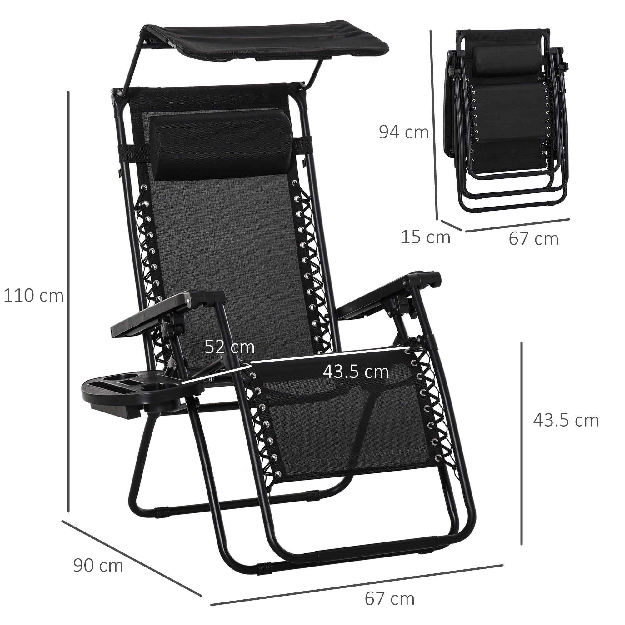 Outsunny 2 Piece Foldable Reclining Garden Chair with Headrest, Zero Gravity Deck Sun Lounger Seat Chair with Footrest, Armrest, Cup Holder & Canopy Shade, Black - North Peak Garden Furniture