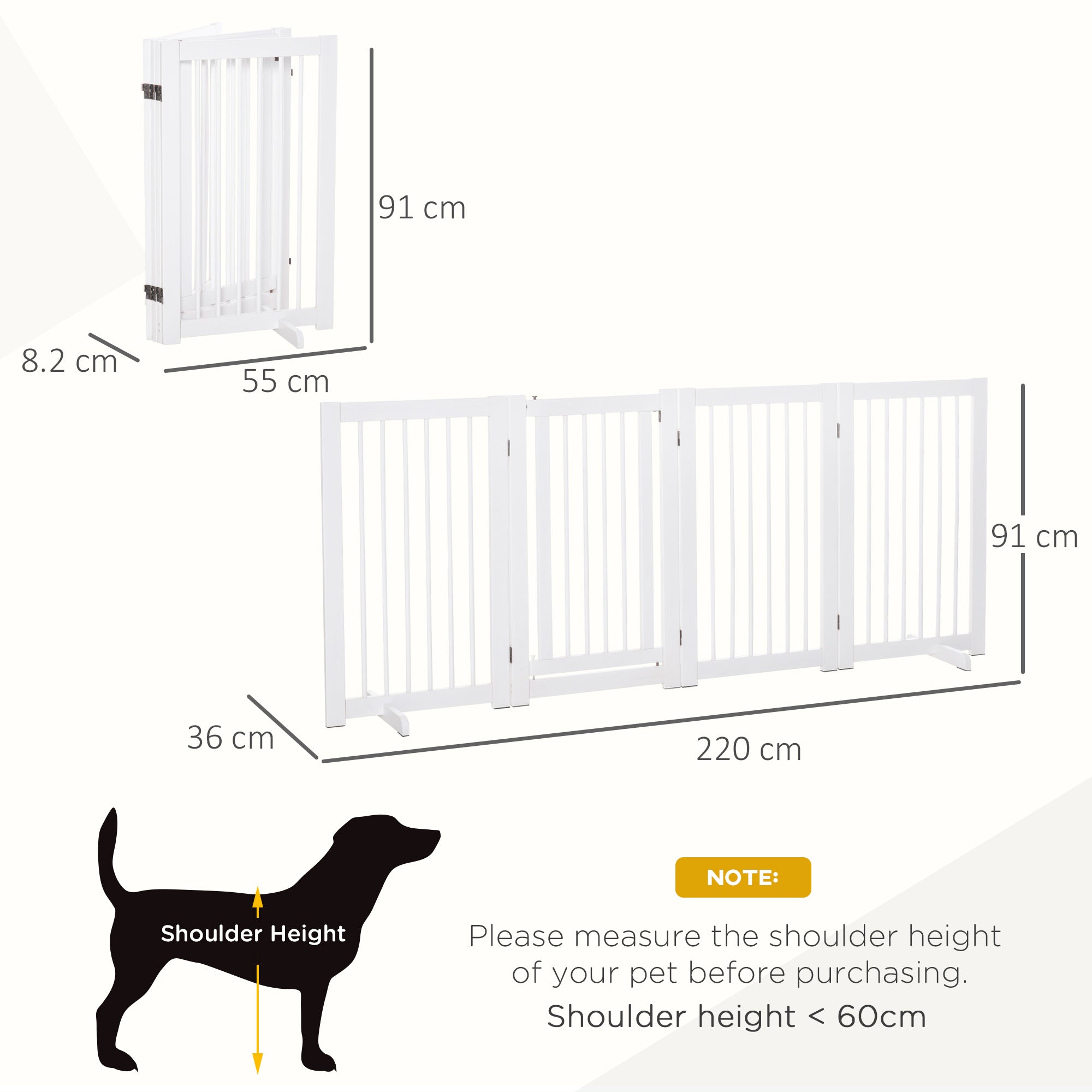 PawHut Freestanding Pet Gate 4 Panels Wooden Dog Safety Fence Foldable with Support Feet for Doorway Stairs 91cm Tall White - North Peak Garden Furniture