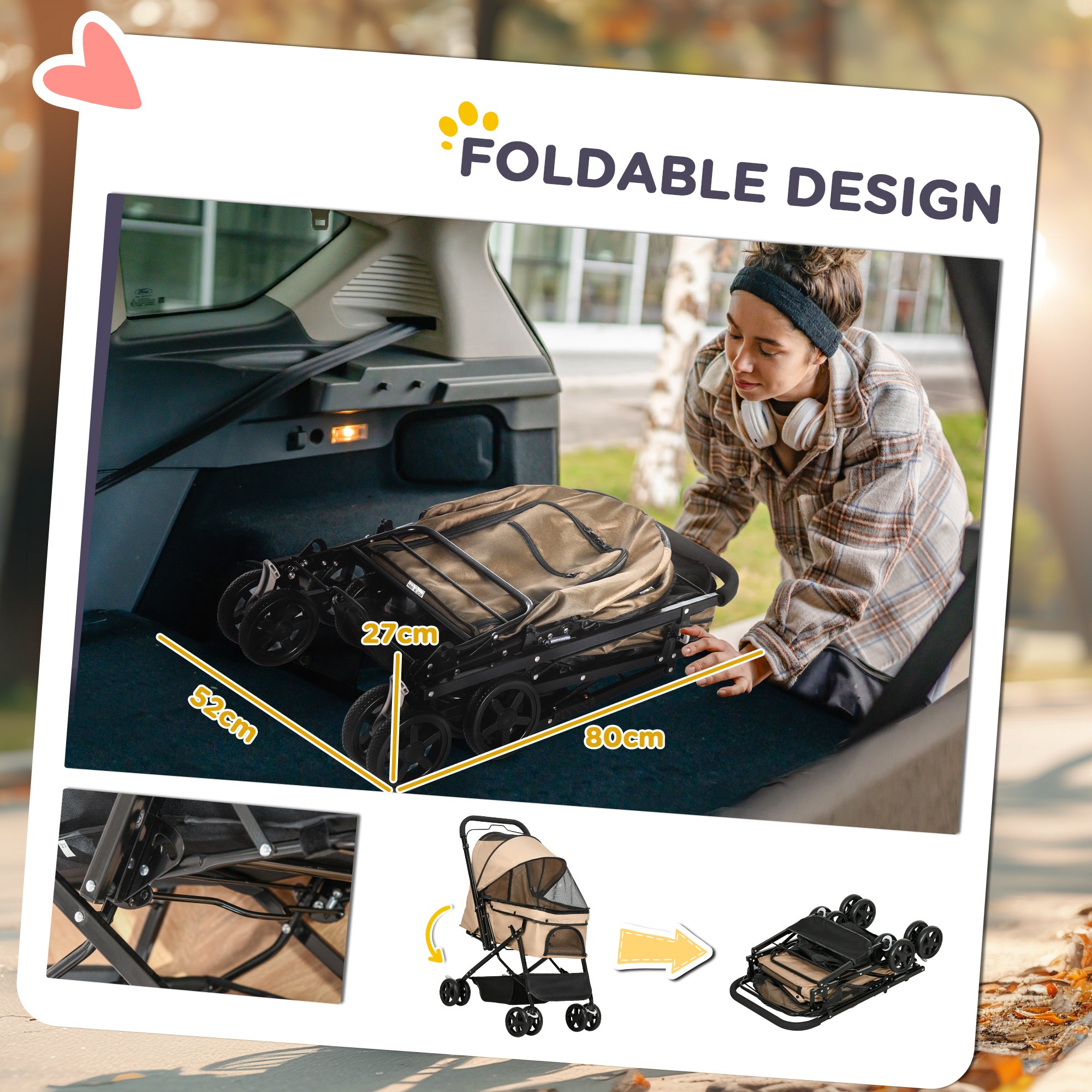 PawHut Pet Stroller Pushchair Foldable Travel Dog Cat Carriage w/ Reversible Handle Brake Basket - North Peak Garden Furniture