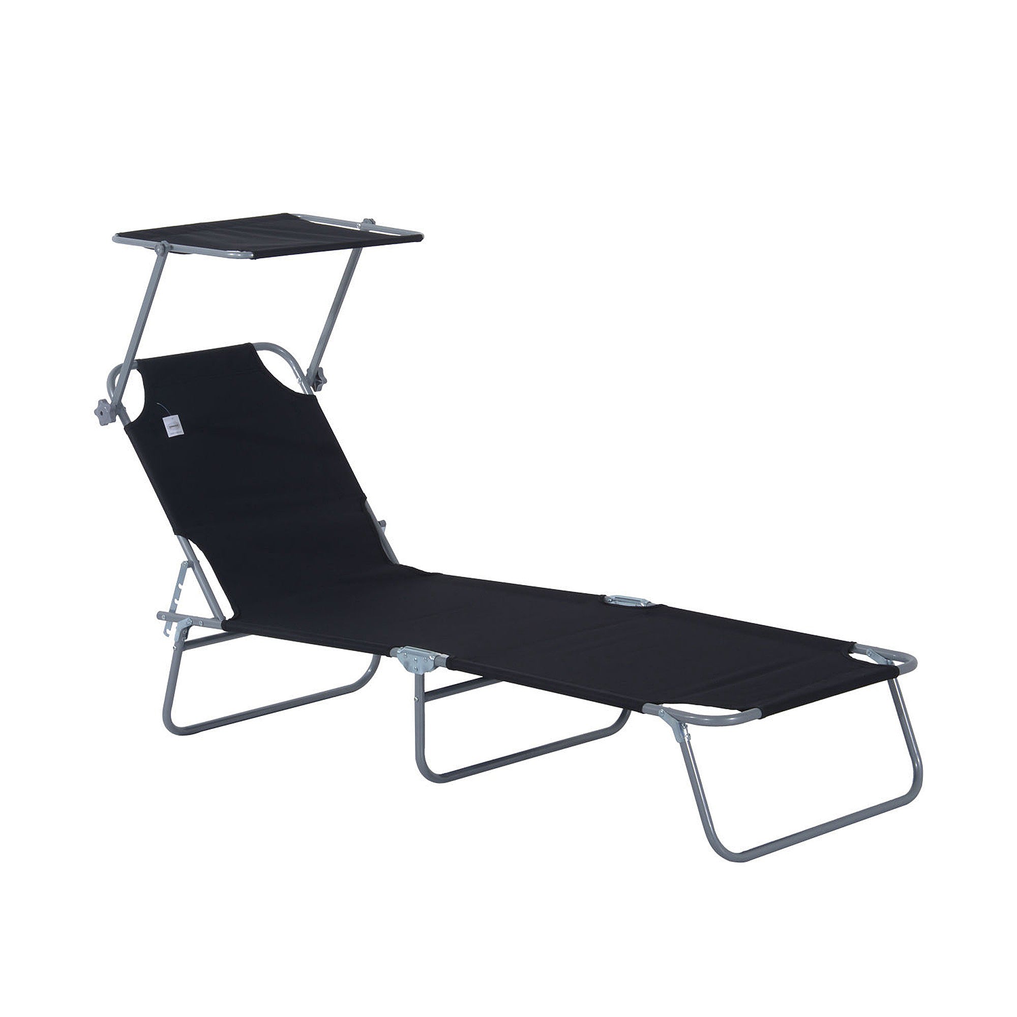 Outsunny Outdoor Foldable Sun Lounger, 4 Level Adjustable Backrest Reclining Sun Lounger Chair with Angle Adjust Sun Shade Awning for Beach, Garden, Patio, Black - North Peak Garden Furniture