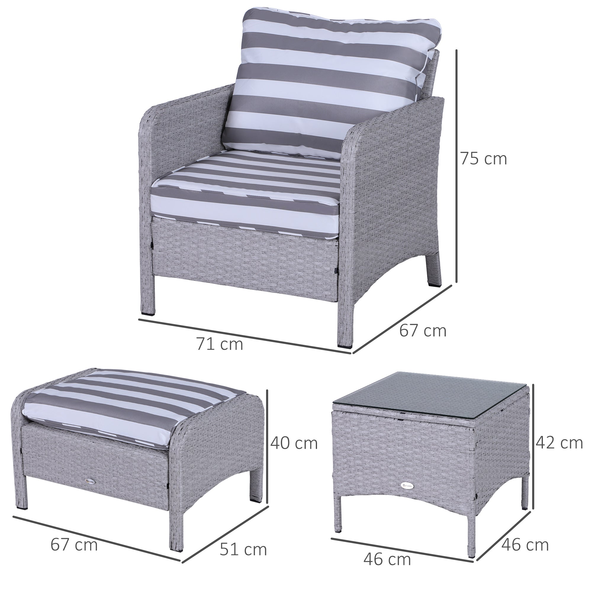 Outsunny 5 Pieces PE Rattan Garden Furniture Set with 10cm Thick Padded Cushions, Wicker Weave Outdoor Seating Chairs with 2 Armchairs, 2 Stools, Glass Top Table, Grey and White - North Peak Garden Furniture