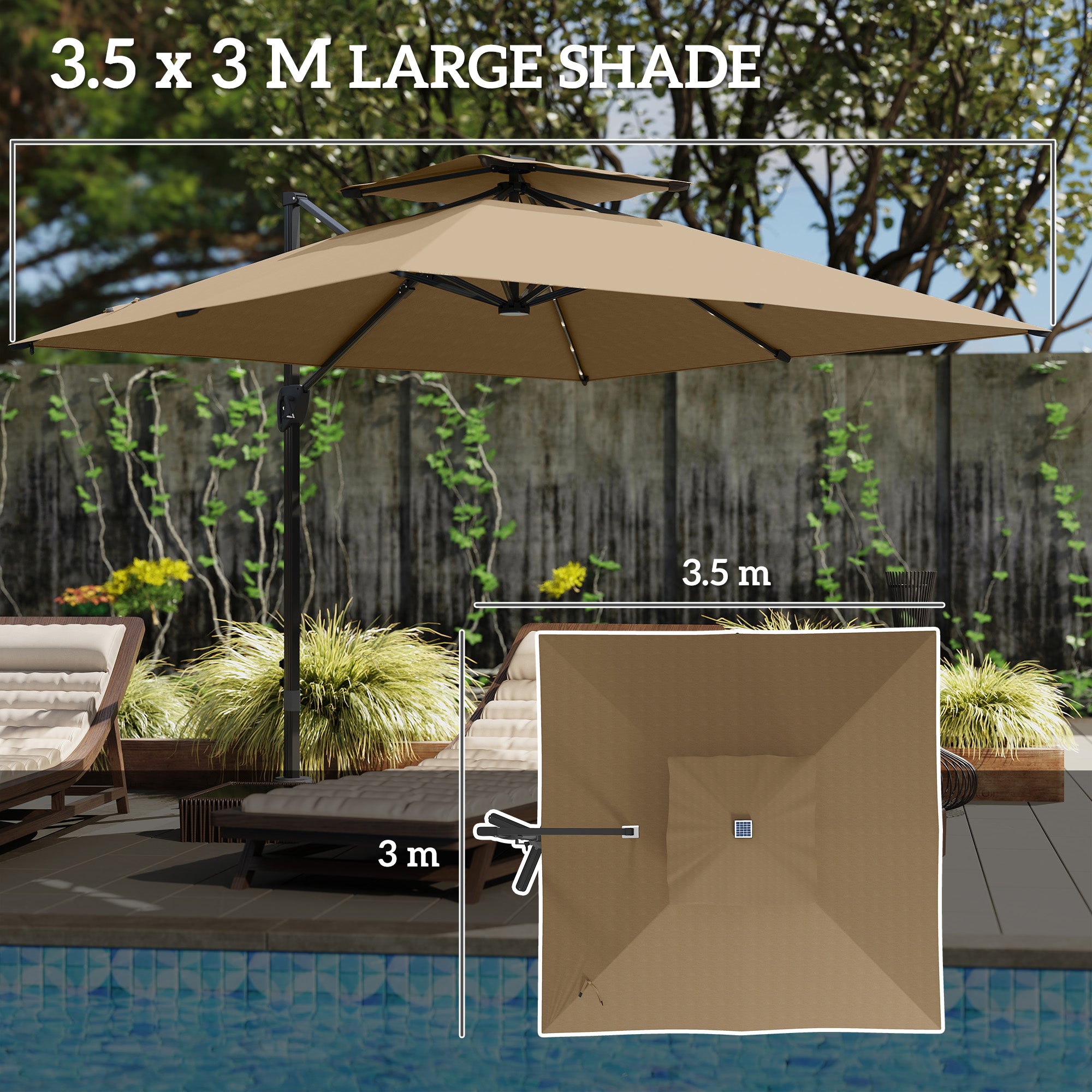 Outsunny 3.5x3 m Garden Cantilever Parasol with Solar LED Lights and Centre Light, Aluminium Large Square Patio Umbrella, UPF50+ Hanging Sun Shade with Cross Base, Crank Handle and Tilt, Khaki - North Peak Garden Furniture