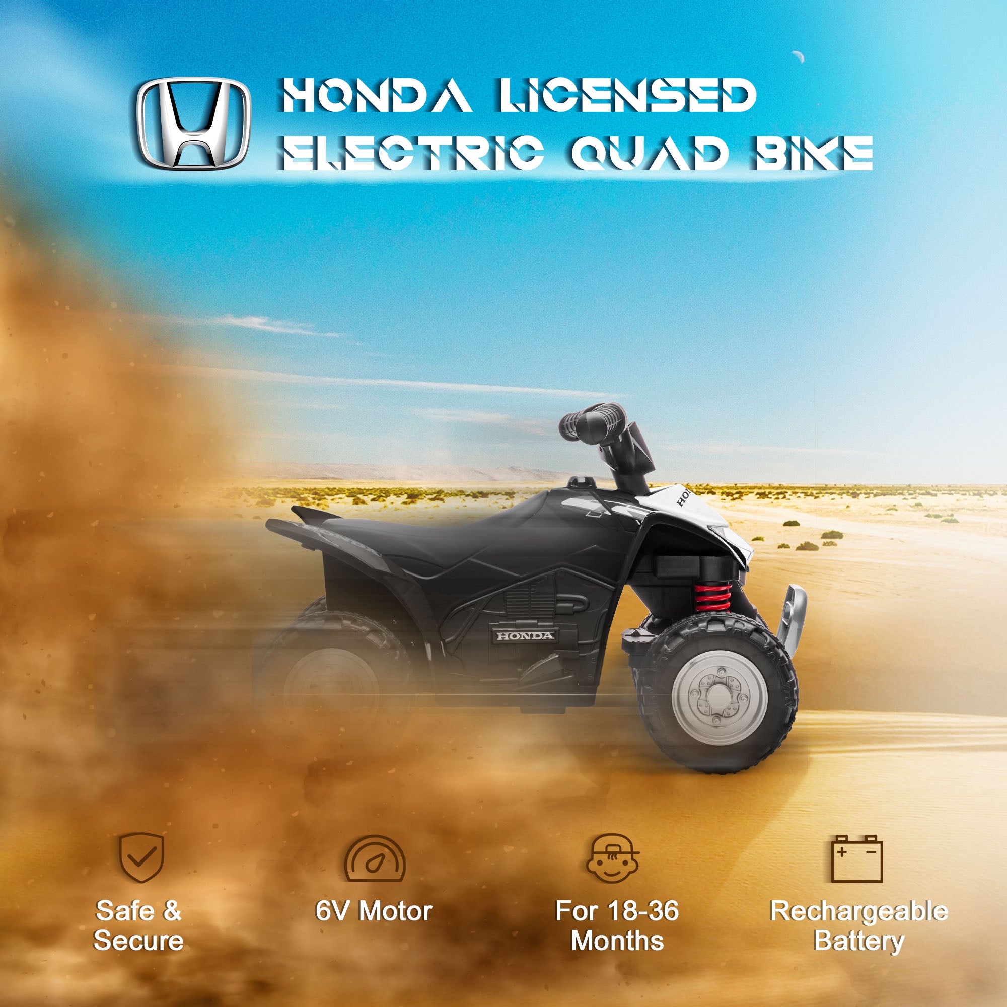 AIYAPLAY Honda Licensed Kids Electric Quad Bike, 6V ATV Ride On for Ages 1.5-3 Years, Black - North Peak Garden Furniture