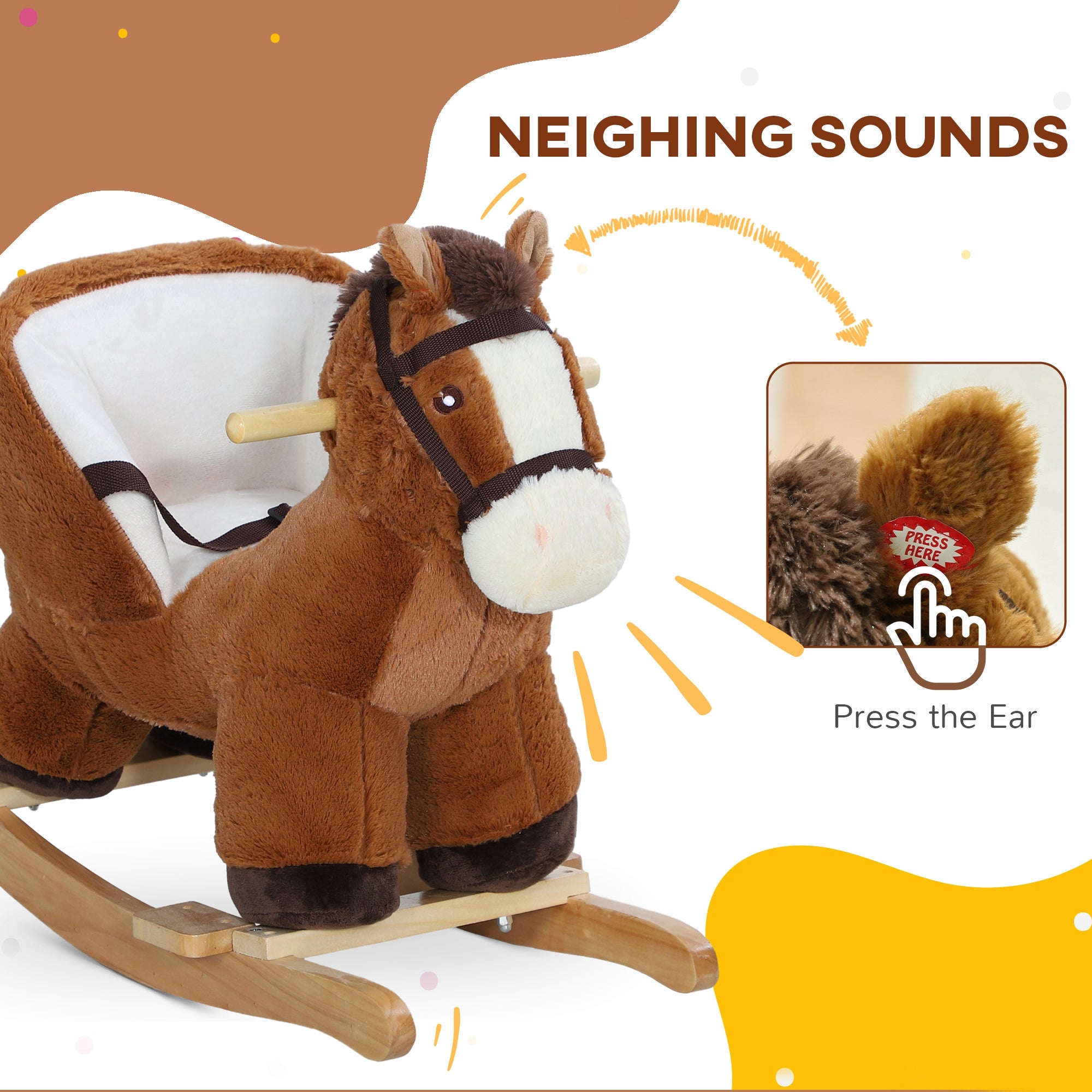 AIYAPLAY Kids Rocking Horse, Plush Ride on Horse, with Sound, Wood Base, for Ages 18-36 Months, Brown - North Peak Garden Furniture