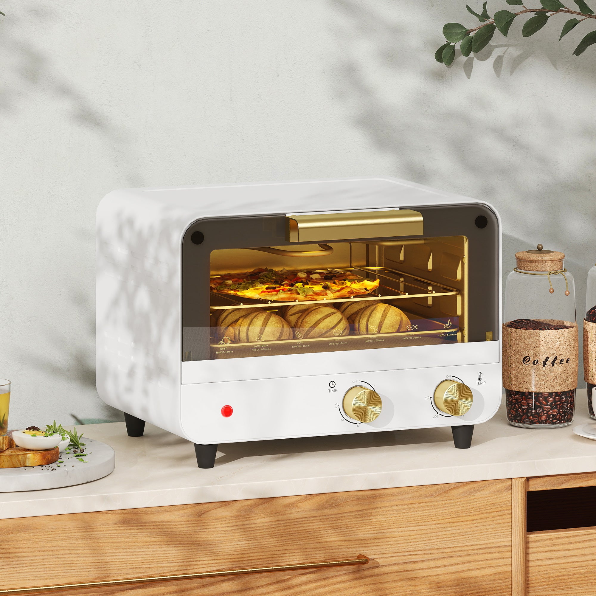 HOMCOM Small Toaster Oven, 12L Multifunction Mini Countertop Oven with Glass Door, Adjustable Temperature and Timer, Accessory Included, 750W, White