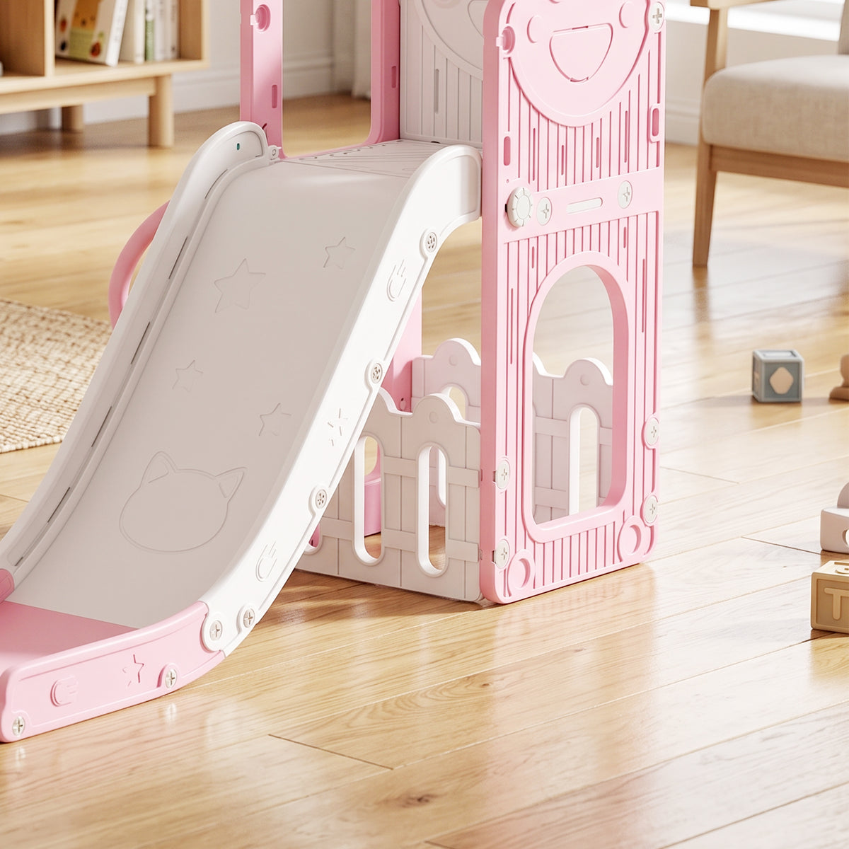 AIYAPLAY 5 in 1 Kids Slide Set with Basketball Hoop, Climbing Frame, Telescope, Storage Box for Toddlers Ages 1-3, Pink