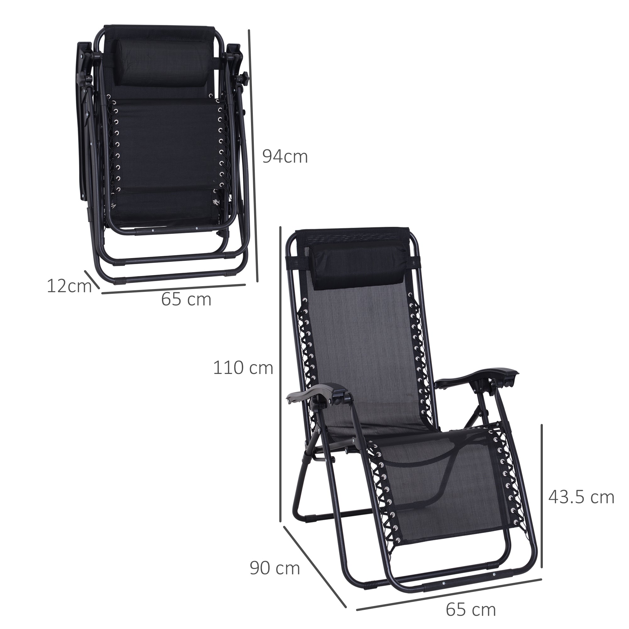 Outsunny Zero Gravity Chair Metal Frame Texteline Armchair Outdoor Folding and Reclining Sun Lounger with Head Pillow for Patio Decking Gardens Camping, Black - North Peak Garden Furniture