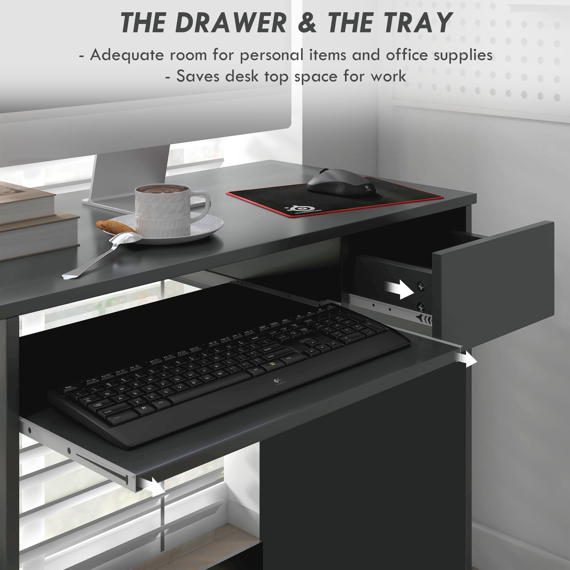 HOMCOM Compact Computer Desk with Keyboard Tray and Drawer, Study Desk, Writing Desk for Home Office, Grey - North Peak Garden Furniture
