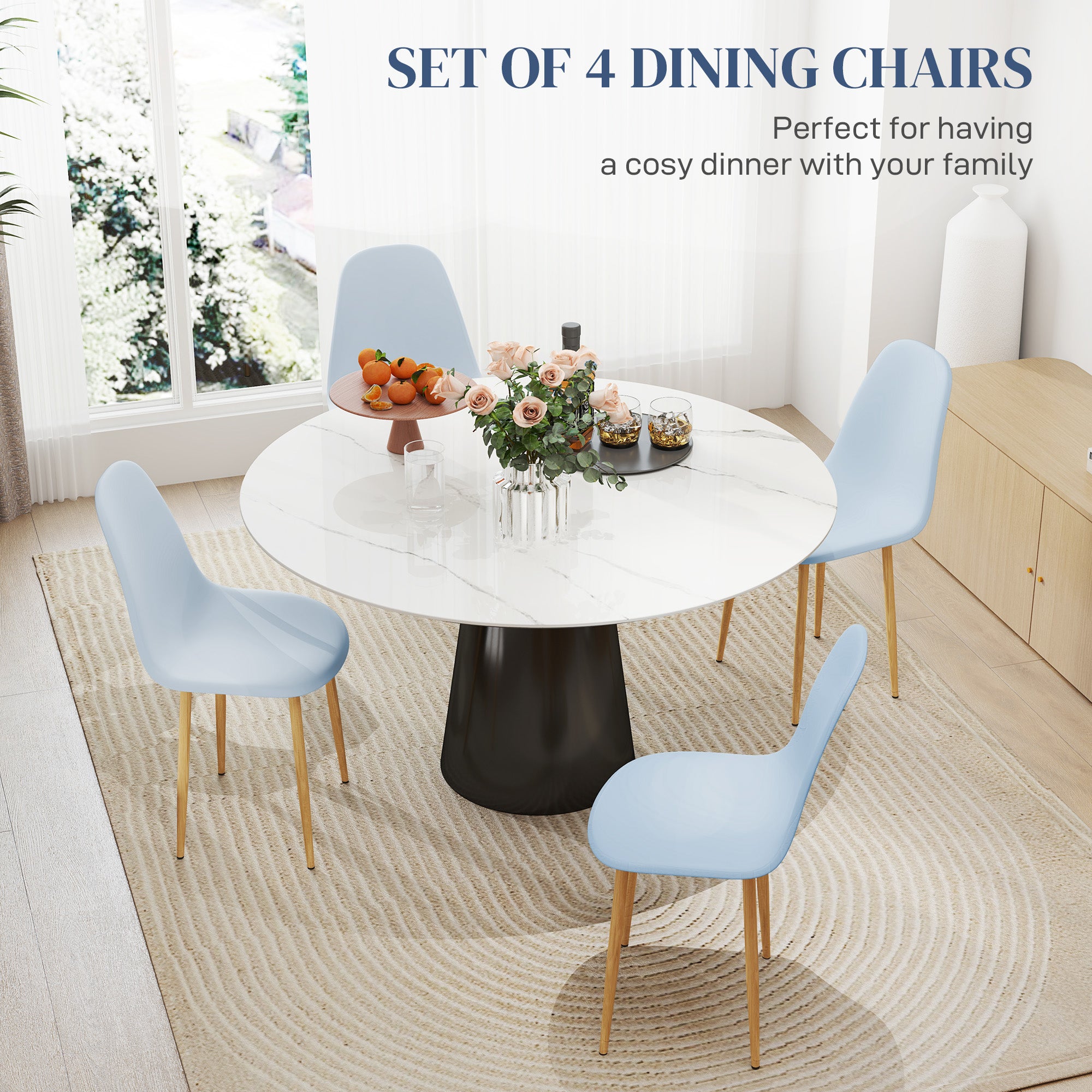 HOMCOM Modern Dining Chairs Set of 4, Kitchen Chairs with Backrest and Steel Legs for Dining Room, Living Room, Light Blue - North Peak Garden Furniture