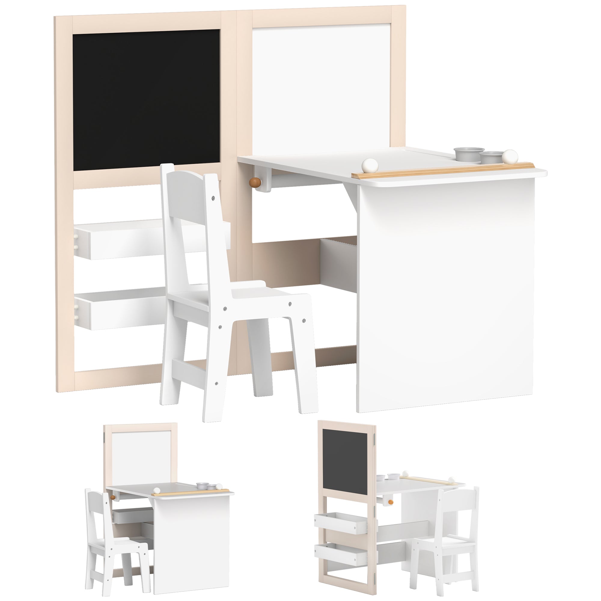 AIYAPLAY 3 in 1 Kids Table and Chair Set with Storage, Whiteboard, Blackboard & Roll Paper for 3-8 Years, White