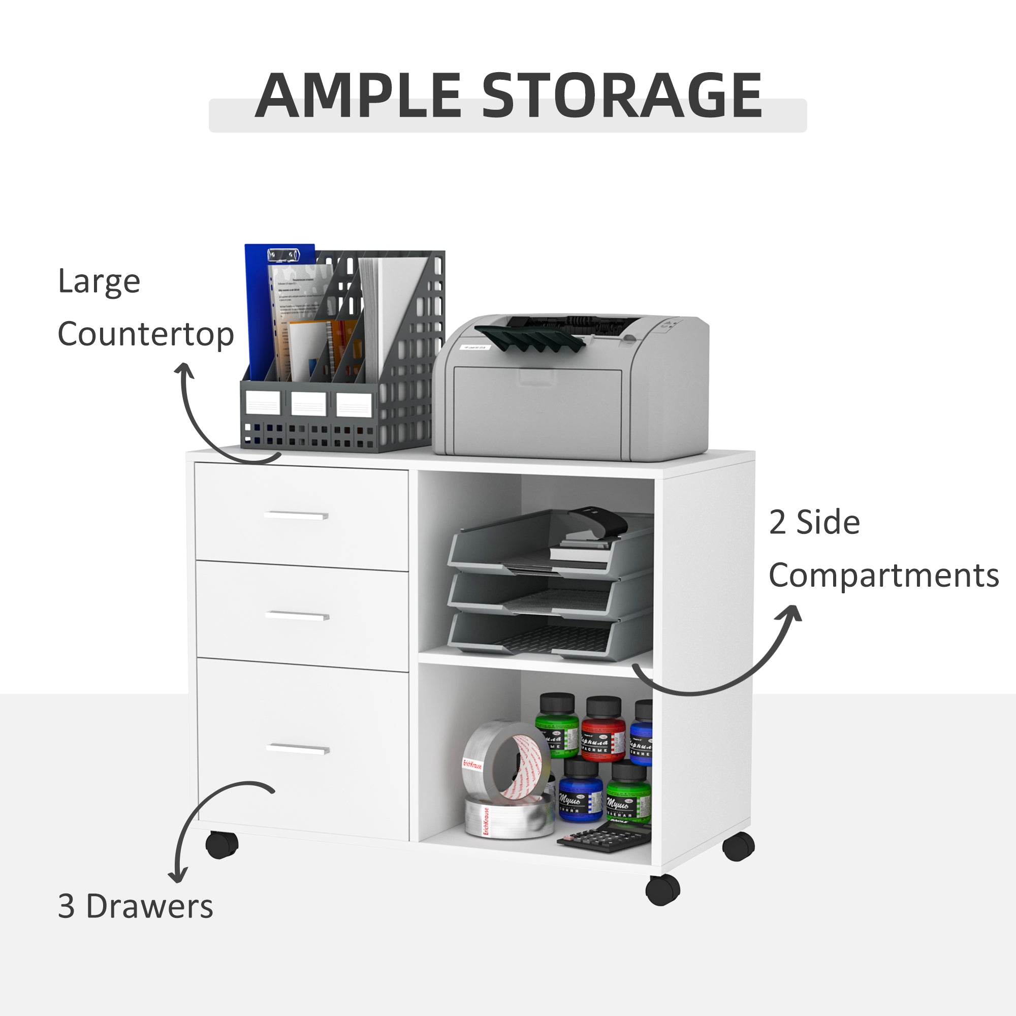 HOMCOM Mobile Printer Stand with Wheels, Office Desk Side Storage Unit, 3 Drawers 2 Shelves, 80L x 40W x 65H cm, White