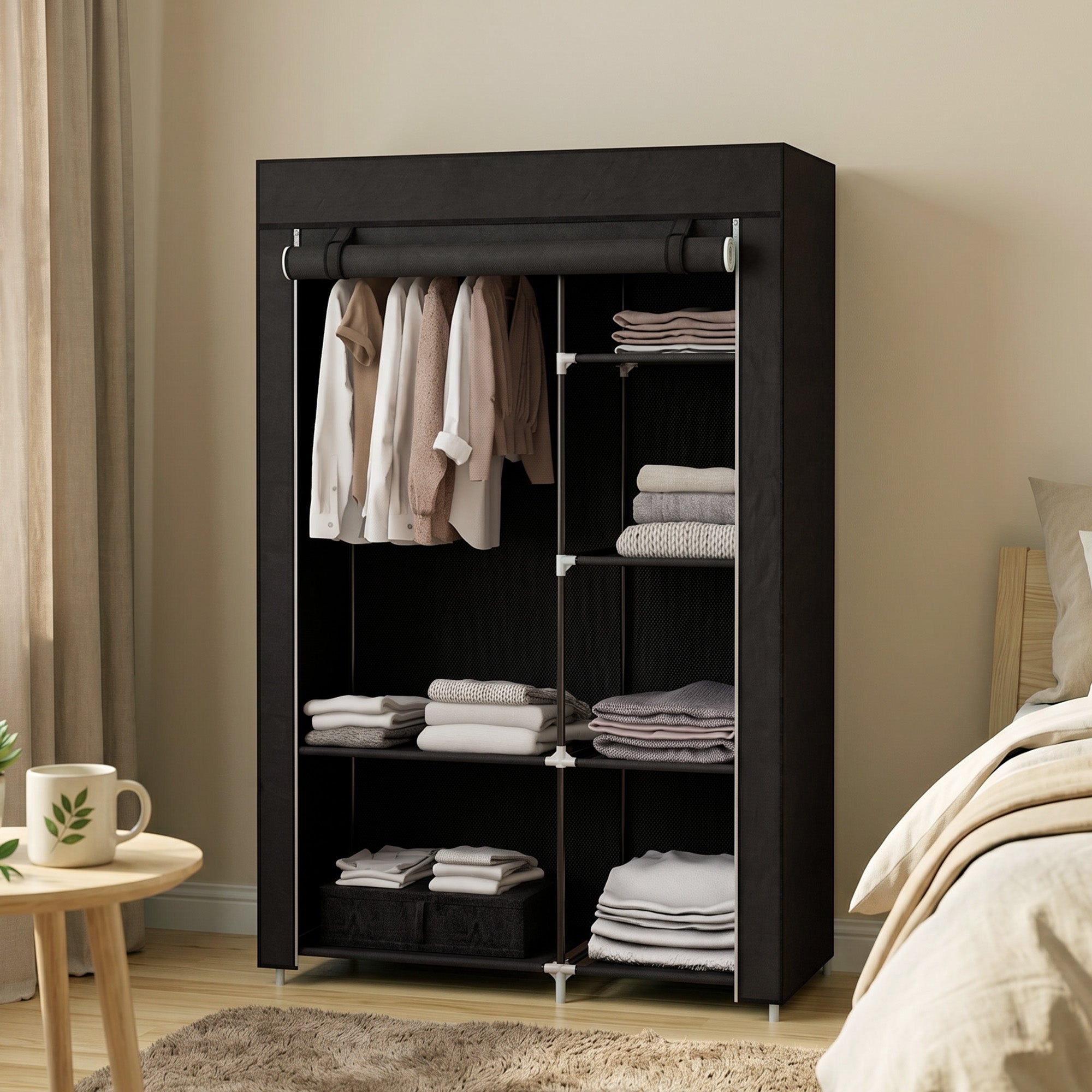 HOMCOM Fabric Wardrobe, Portable Wardrobe with 6 Shelves, 1 Hanging Rail, Foldable Closets, 103 x 43 x 162.5 cm, Black