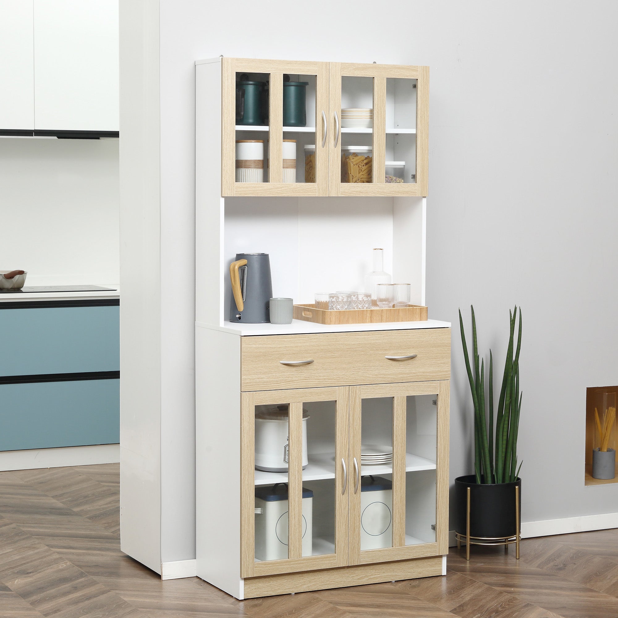 HOMCOM Modern Kitchen Cupboard, Freestanding Storage Cabinet Hutch with Central Drawer, 2 Glass Door Cabinets and Countertop, 180cm