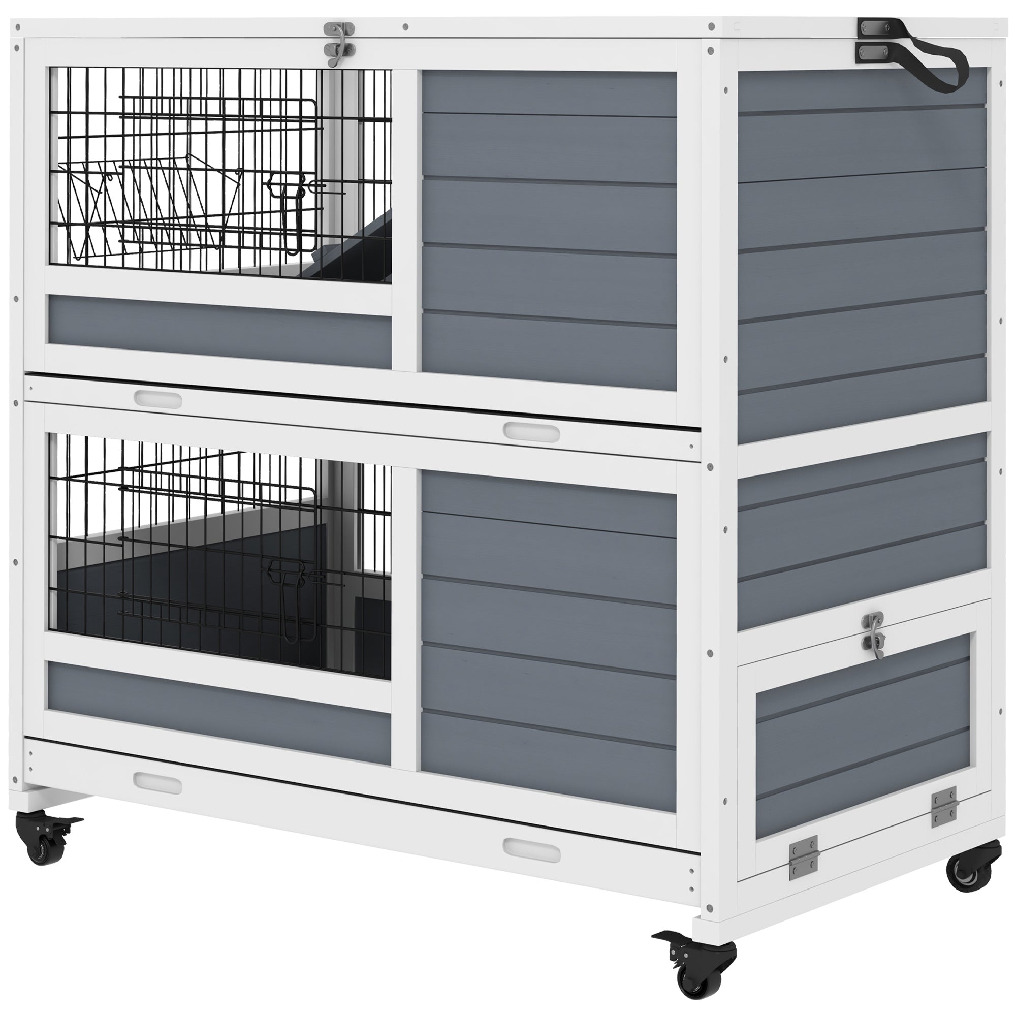 PawHut Double Deckers Guinea Pig Cage, Indoor Rabbit Hutch with Feeding Trough, Trays, Ramps, Openable Top - Grey