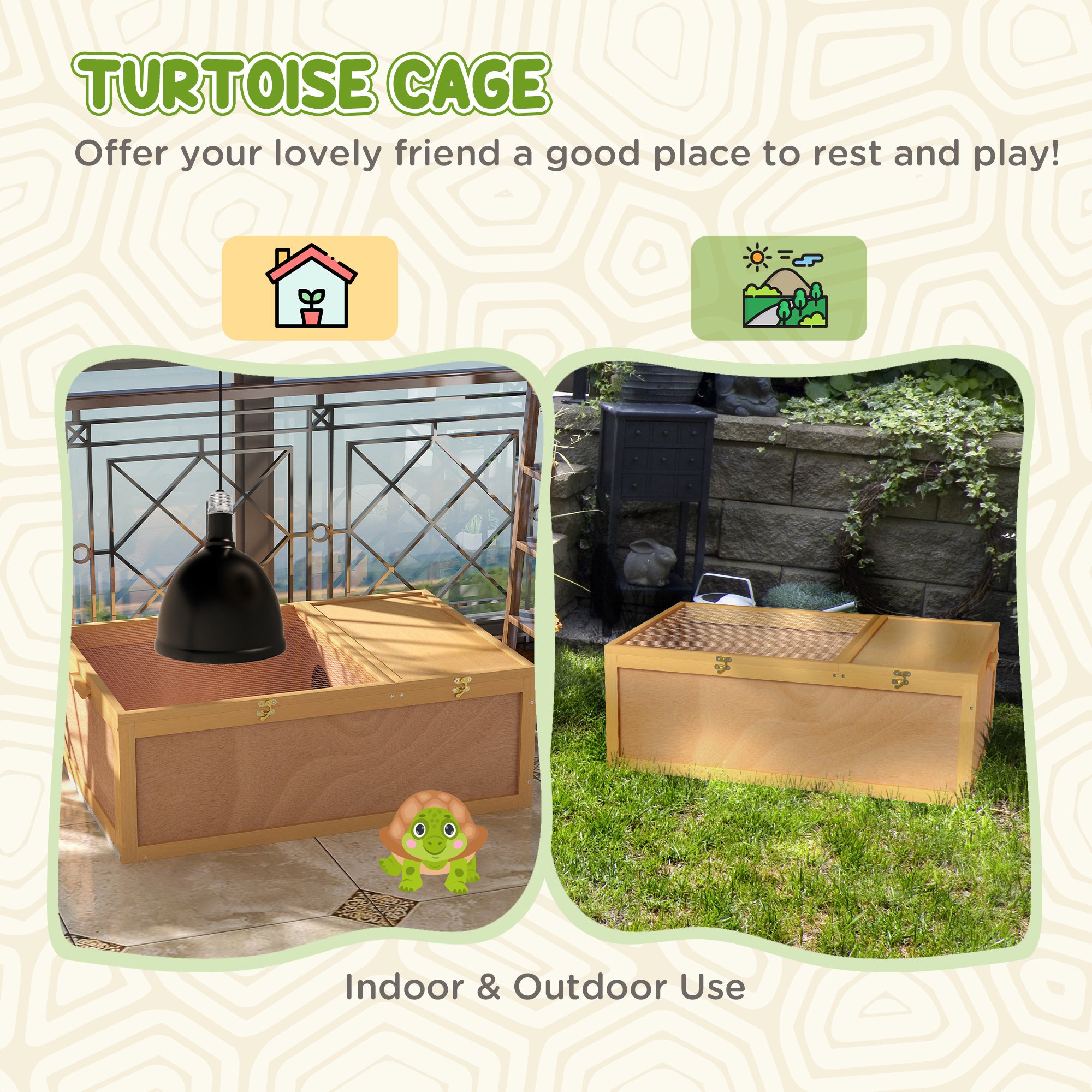 PawHut 94 cm Wooden Tortoise House Turtle Habitat Small Reptile Cage Enclosure with Two Room Yellow