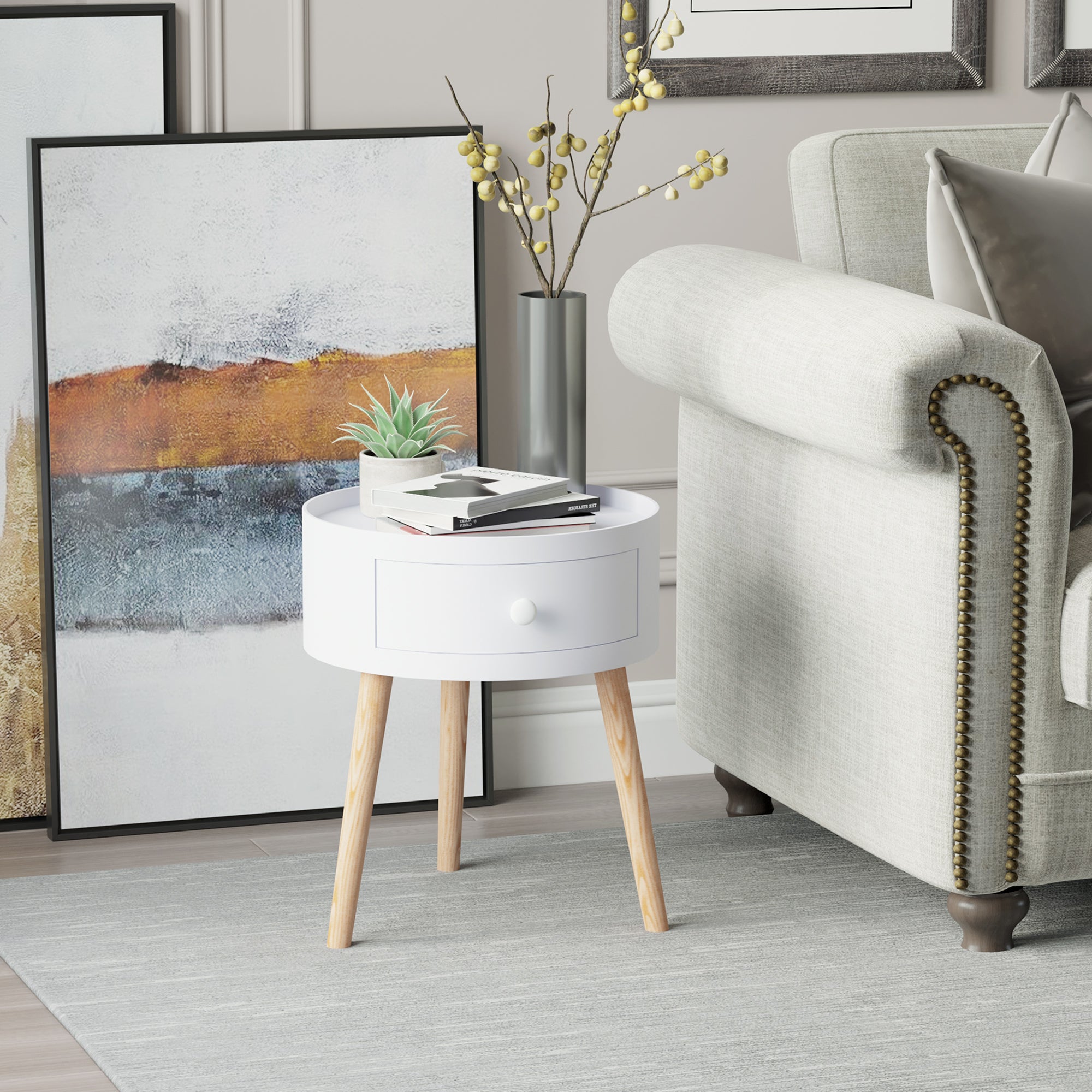 HOMCOM Modern Side Table, Small Coffee Table, Round Bedside Table with Drawer and Wood Legs for Living Room, Bedroom, Set of 2, White - North Peak Garden Furniture