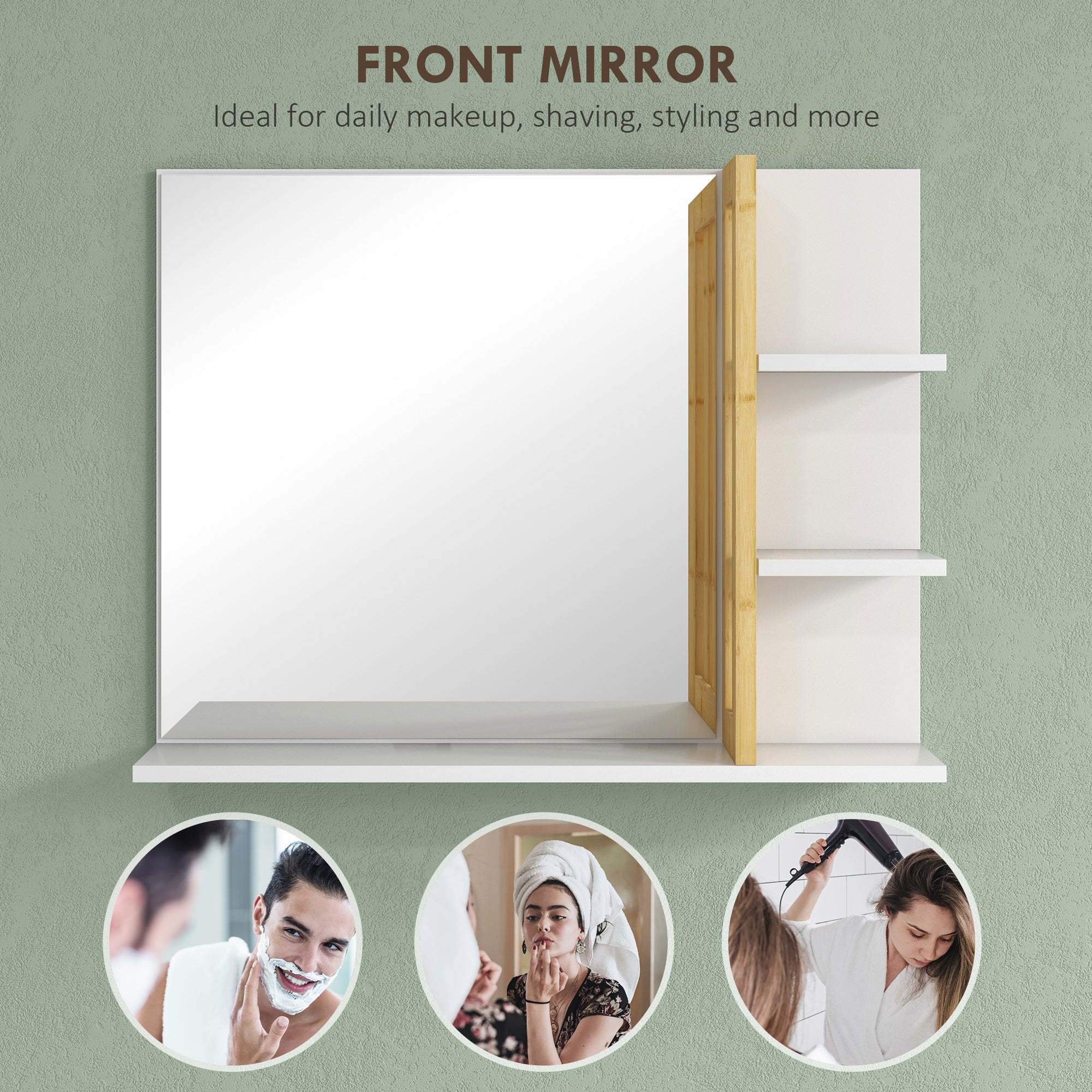 HOMCOM Bamboo Panel Bathroom Mirror, with Shelves - White - North Peak Garden Furniture