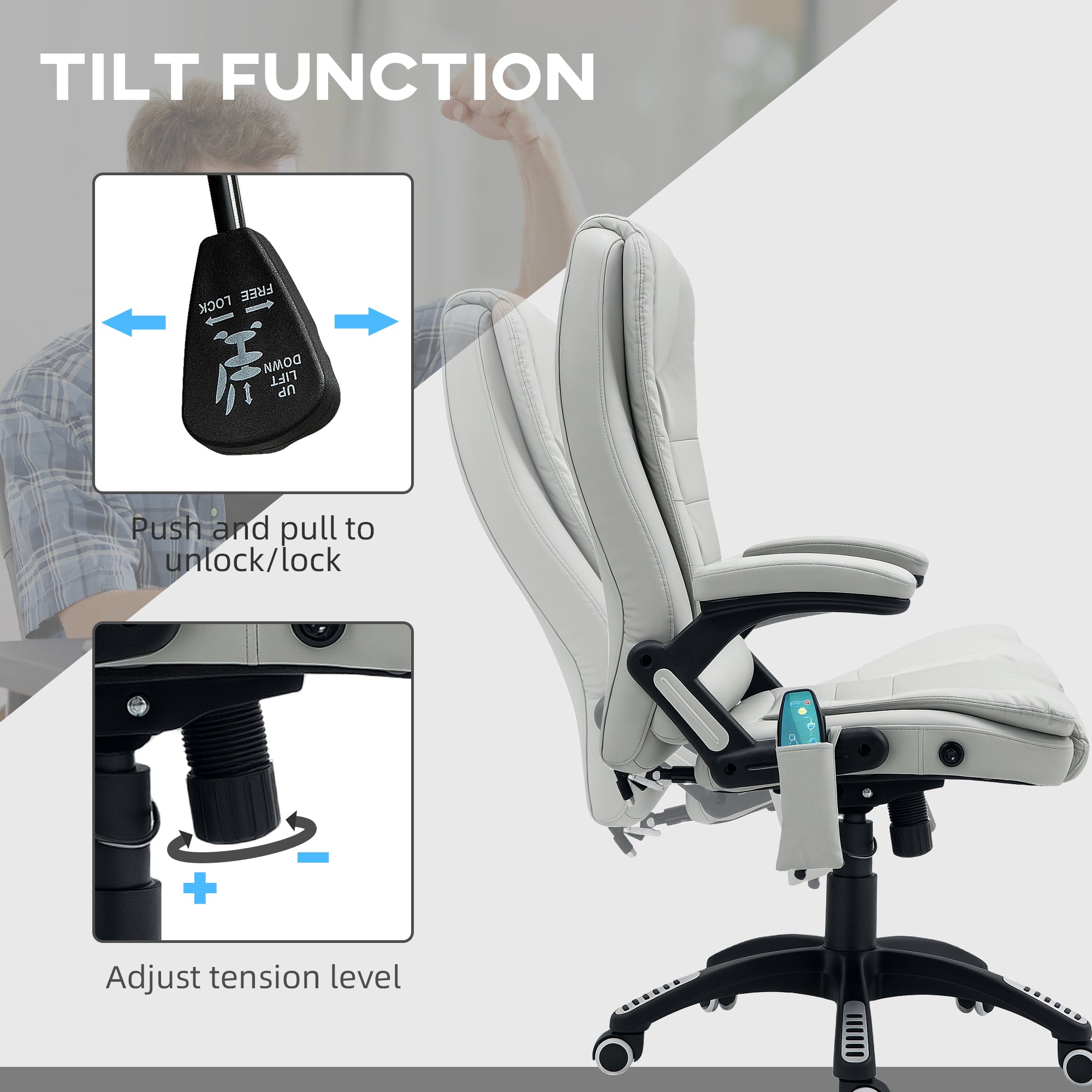 HOMCOM Executive Office Chair with Massage and Heat, High Back PU Leather Massage Office Chair with Adjustable Height, Light Grey - North Peak Garden Furniture
