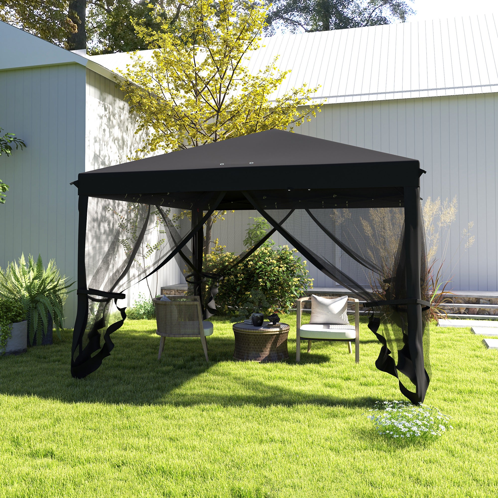 Outsunny 3 x 3 m Pop Up Gazebo, 420D Garden Tent Canopy with Removable Mesh Sidewall Netting, Carry Bag for Garden Patio Outdoor, Black - North Peak Garden Furniture
