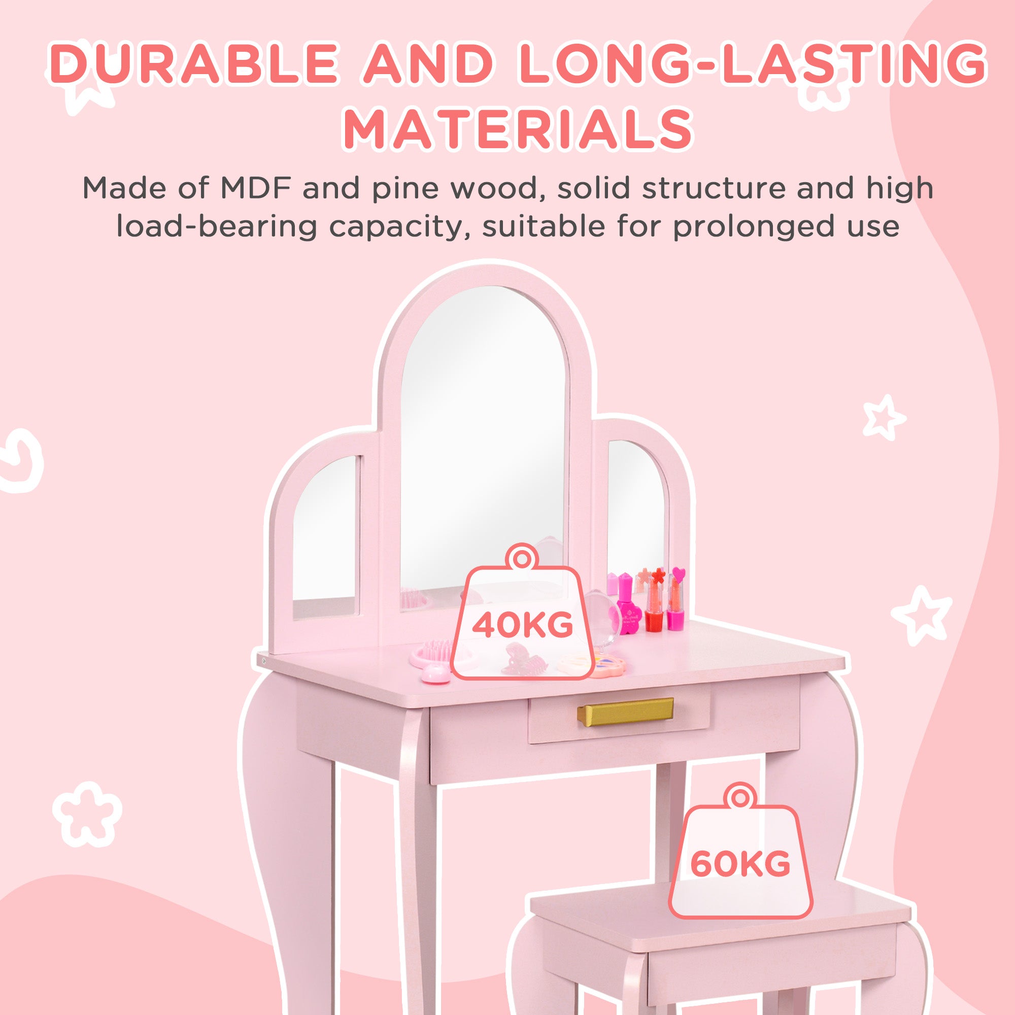 HOMCOM Kids Dressing Table Set, with Mirror and Drawer - Pink - North Peak Garden Furniture