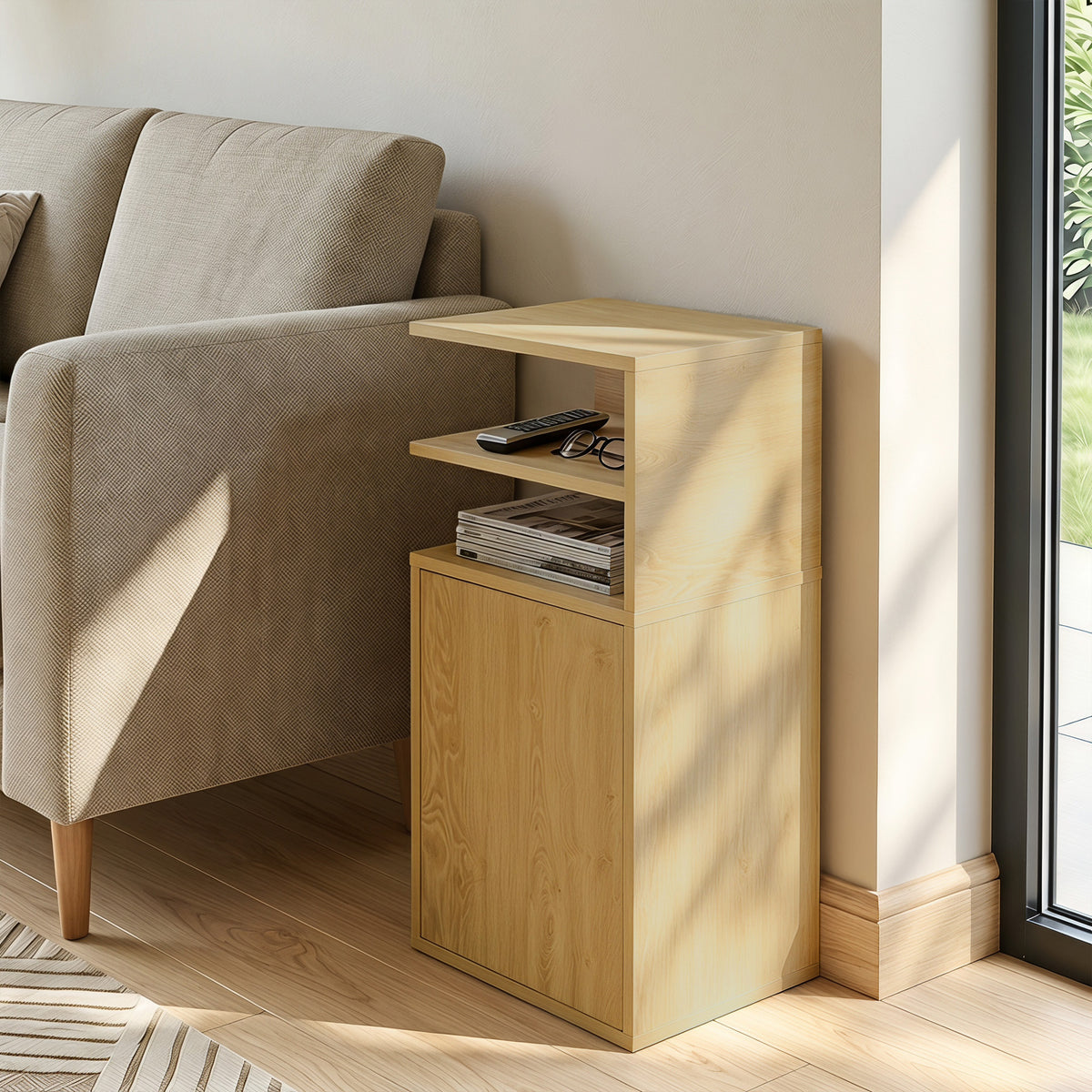 HOMCOM Slim Bedside Table Set of 2, Narrow Bedside Cabinet with Open Cubbies and Cupboard for Bedroom Living Room, Oak